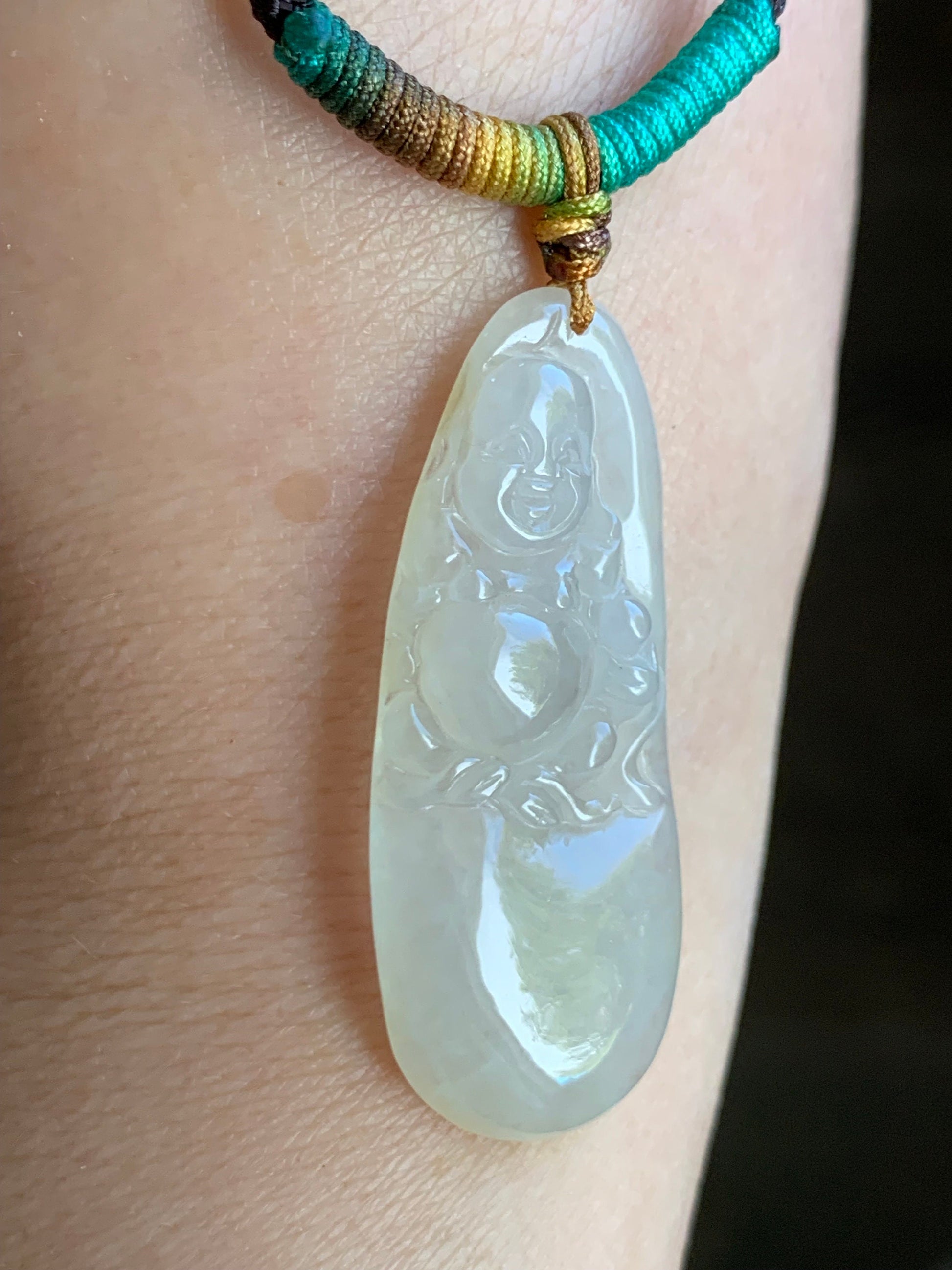 Natural Burmese Grade A Icy Translucent Yellow Sugar Jadeite Buddha Pendant Rope Necklace 26" Adjustable 天然缅甸冰糖雪梨黄翡翠佛公吊坠