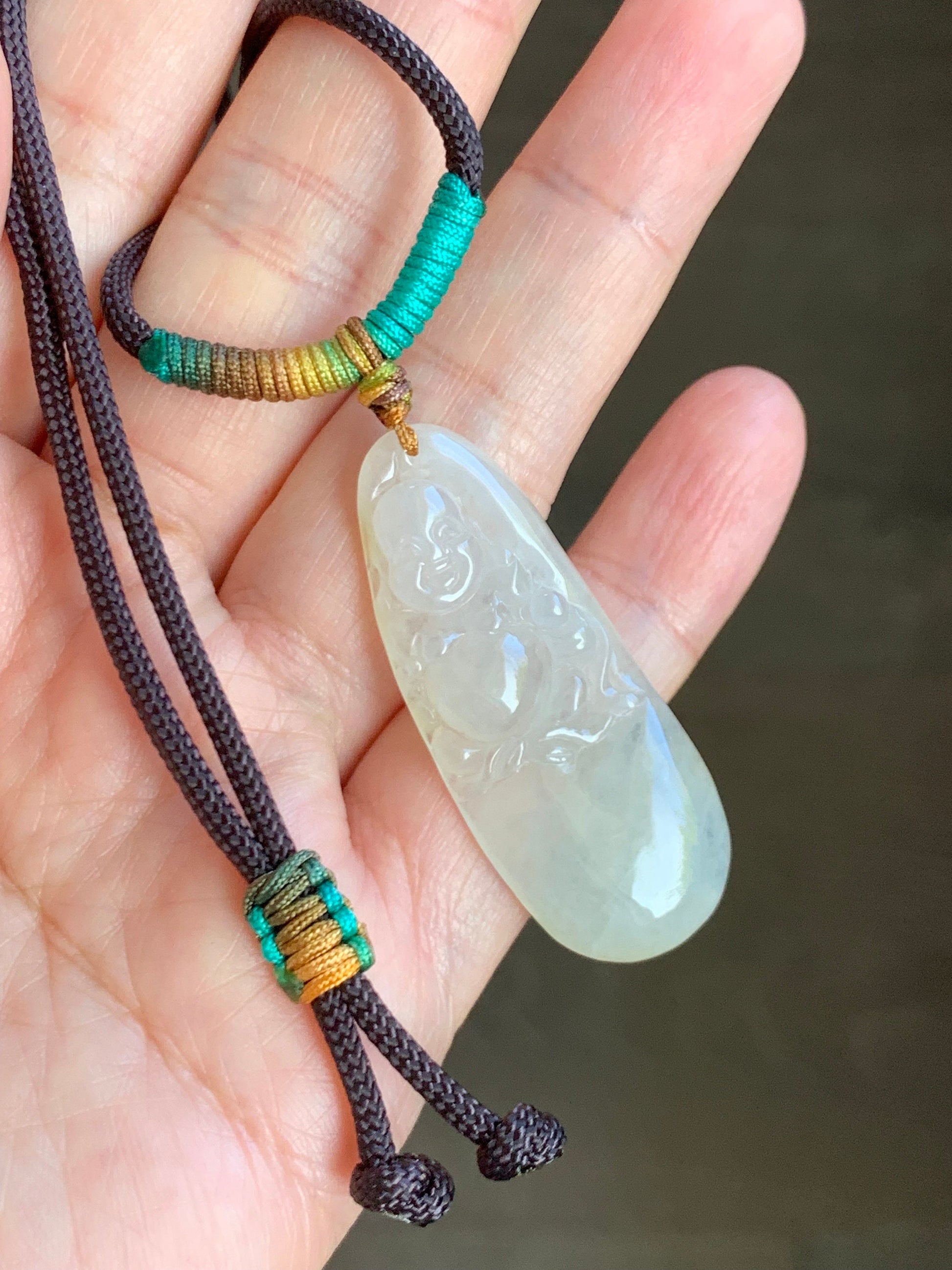 Natural Burmese Grade A Icy Translucent Yellow Sugar Jadeite Buddha Pendant Rope Necklace 26" Adjustable 天然缅甸冰糖雪梨黄翡翠佛公吊坠