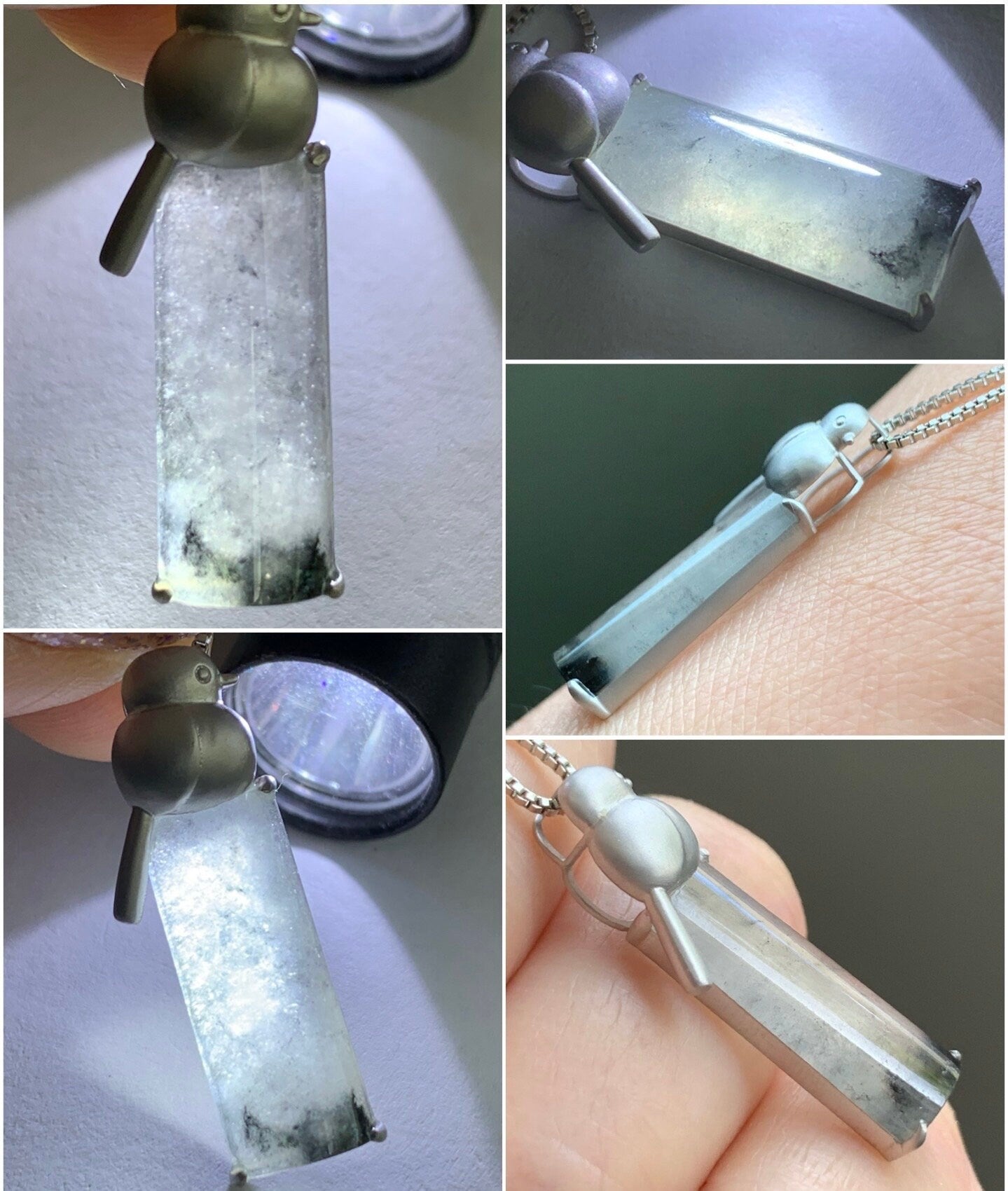 Certified Natural Burmese Icy Highly Translucent Wuji Jadeite Half Cylinder Pendant 18K White Gold Bird Design 天然缅甸老种冰乌鸡翡翠小鸟镶嵌吊坠 7061