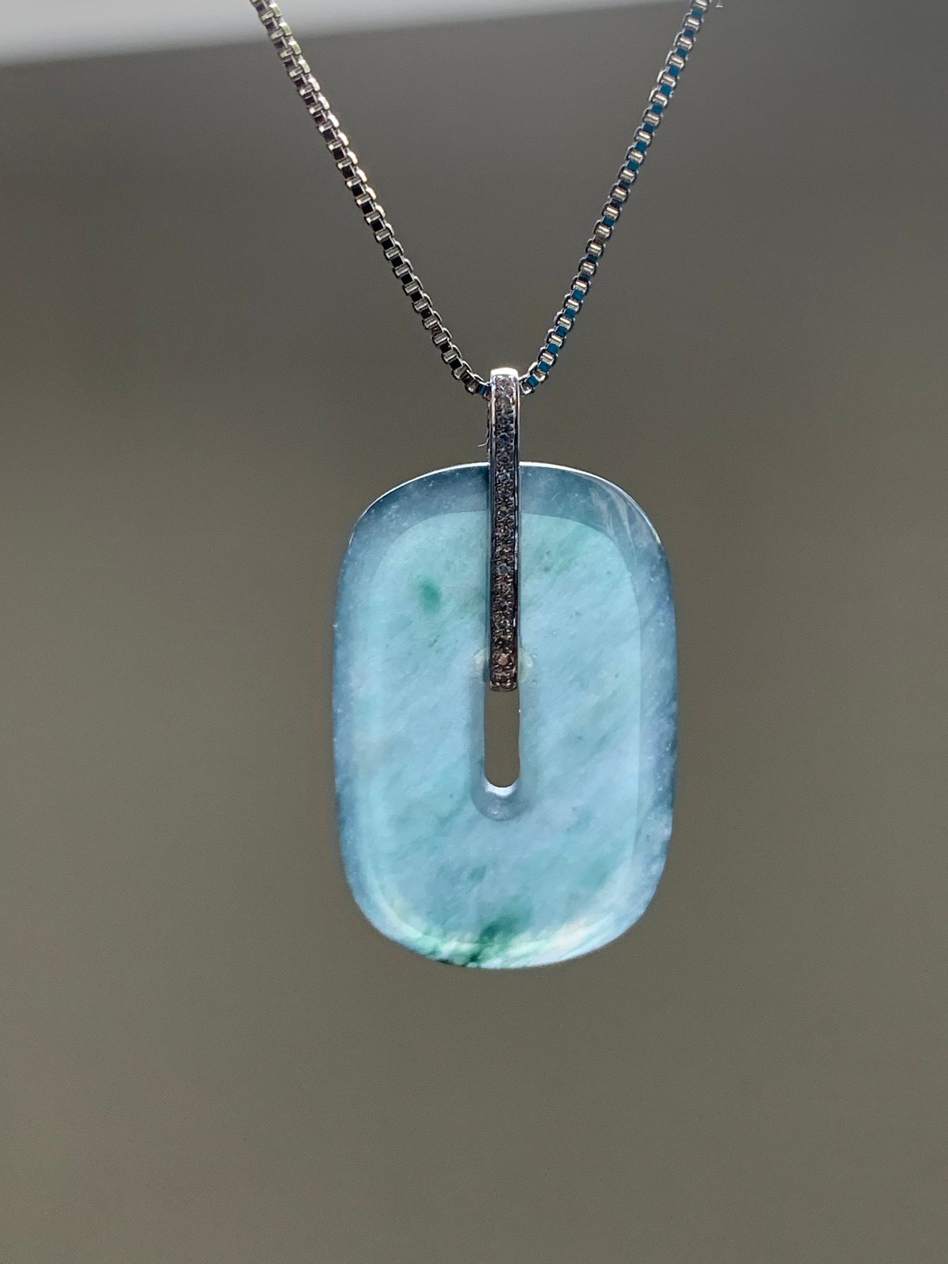 Certified Natural Guatemalan Icy Highly Translucent Blue Jadeite Ping An Kou Donut Pendant 18K White Gold & Diamond 天然高冰危深蓝翡翠平安扣镶嵌吊坠 7050