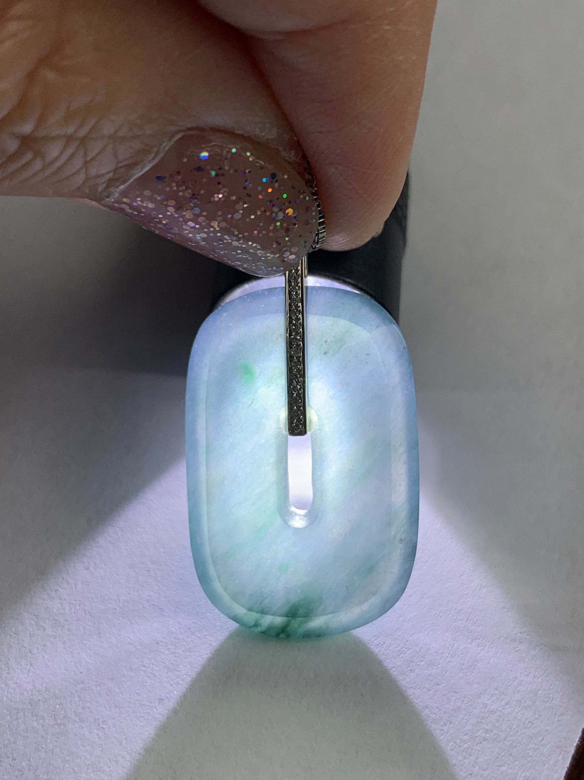 Certified Natural Guatemalan Icy Highly Translucent Blue Jadeite Ping An Kou Donut Pendant 18K White Gold & Diamond 天然高冰危深蓝翡翠平安扣镶嵌吊坠 7050