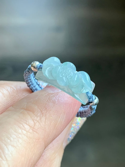 Natural Guatemalan Premium Icy Translucent Gelatinous Light Blue Jadeite Lotus Flower Rope Band Ring Sterling Silver Size 8.75 天然冰危淡蓝翡翠莲花绳戒