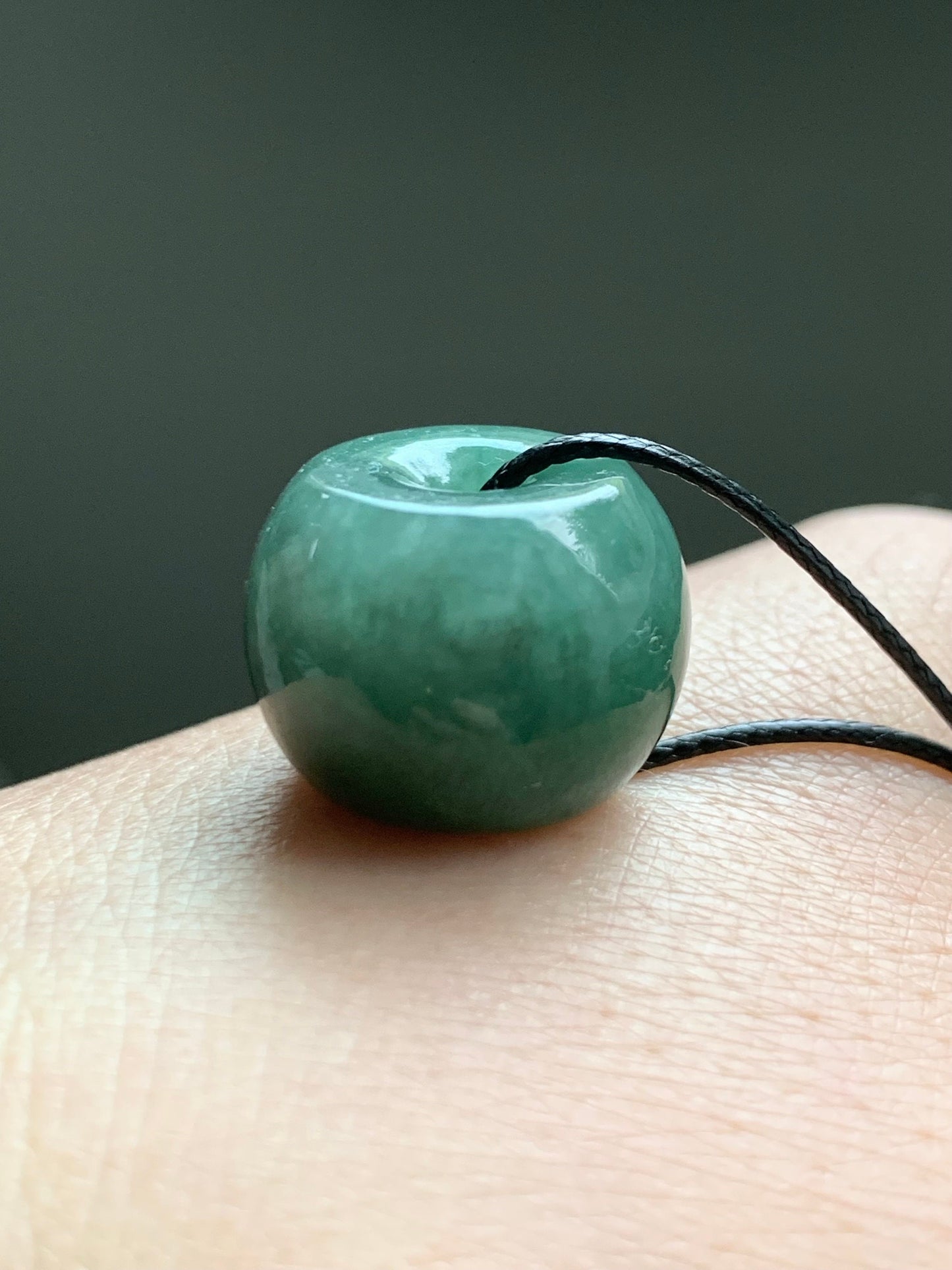 Large Natural Burmese Icy Translucent Dark Dusty Green Jadeite Drum Bead Pendant with Black Cord Necklace 19” 天然缅甸冰糯菠菜绿翡翠肥鼓珠吊坠 A