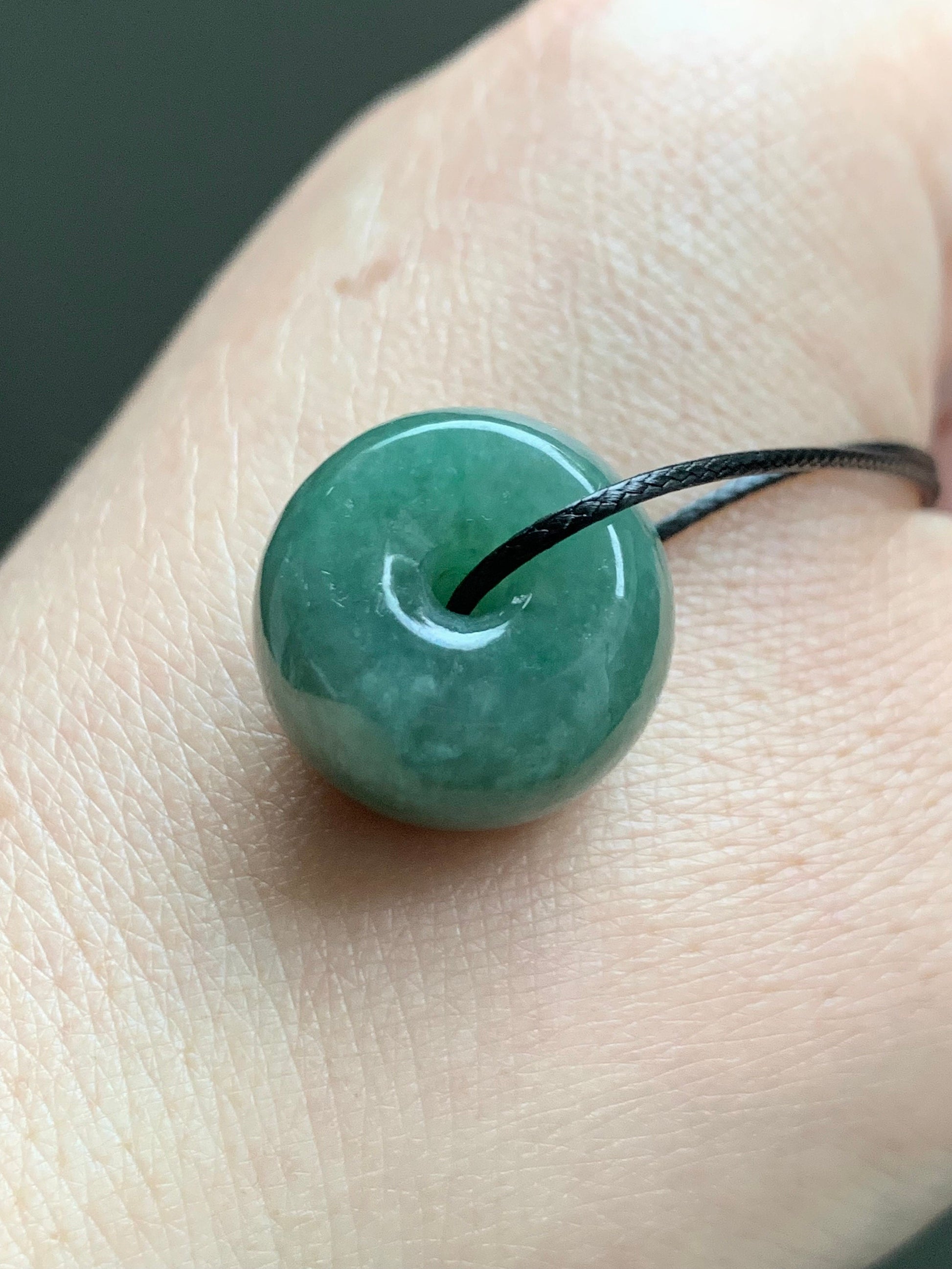 Large Natural Burmese Icy Translucent Dark Dusty Green Jadeite Drum Bead Pendant with Black Cord Necklace 19” 天然缅甸冰糯菠菜绿翡翠肥鼓珠吊坠 A