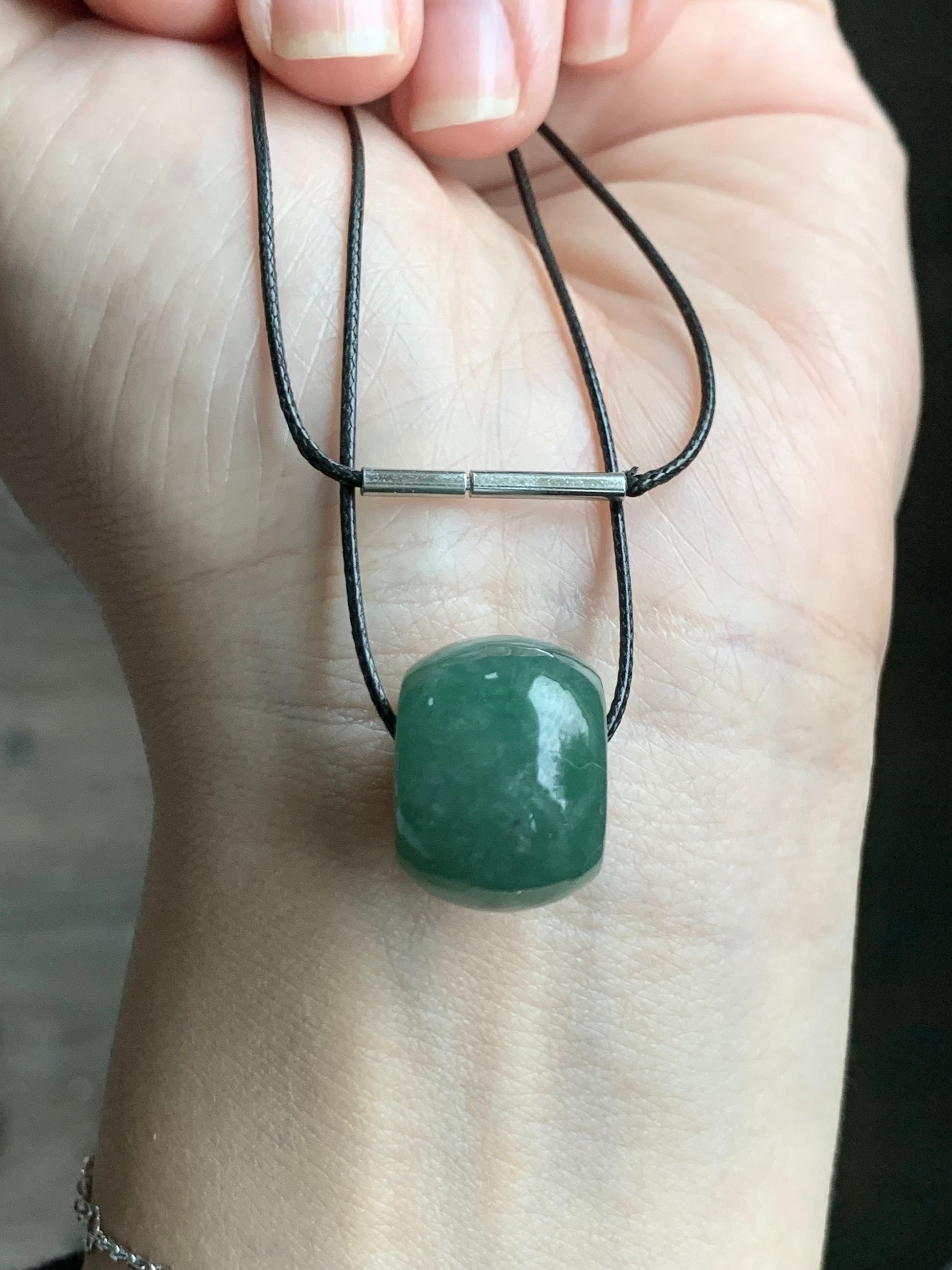 Large Natural Burmese Icy Translucent Dark Dusty Green Jadeite Drum Bead Pendant with Black Cord Necklace 19” 天然缅甸冰糯菠菜绿翡翠肥鼓珠吊坠 A