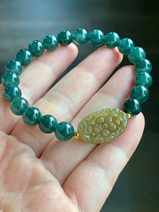 Natural Burmese Icy Translucent Yellow Jadeite Guatemalan Intense Teal Blue Jadeite Beads Beaded Bracelet 6.75” Stretchy 天然缅甸冰黄翡仿古雕手牌冰危蓝翡翠手串