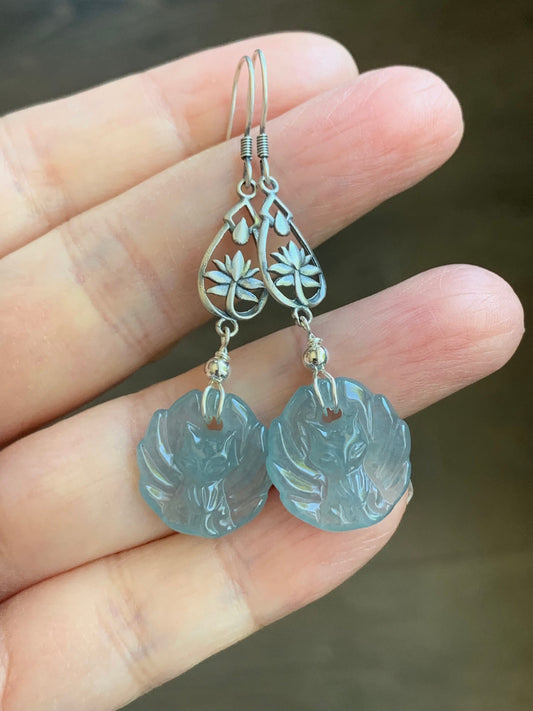 Natural Guatemalan Icy Translucent Gelatinous Light Blue Jadeite Carved Nine-Tailed Fox Dangle Earrings Sterling Silver 天然冰胶危浅蓝翡翠九尾狐银耳钩