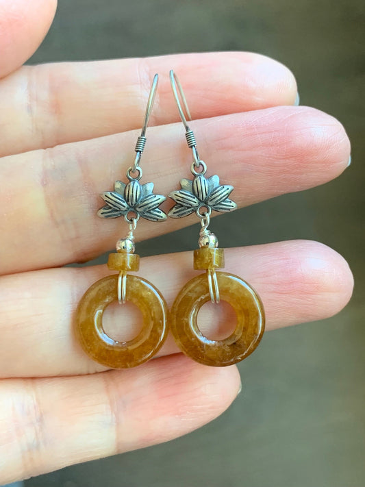 Natural Burmese Icy Highly Translucent Rich Yellow Jadeite Ping An Kou Donut Dangle Earrings S925 Sterling Silver 天然缅甸A货冰透鸡油黄翡翠平安扣银耳吊