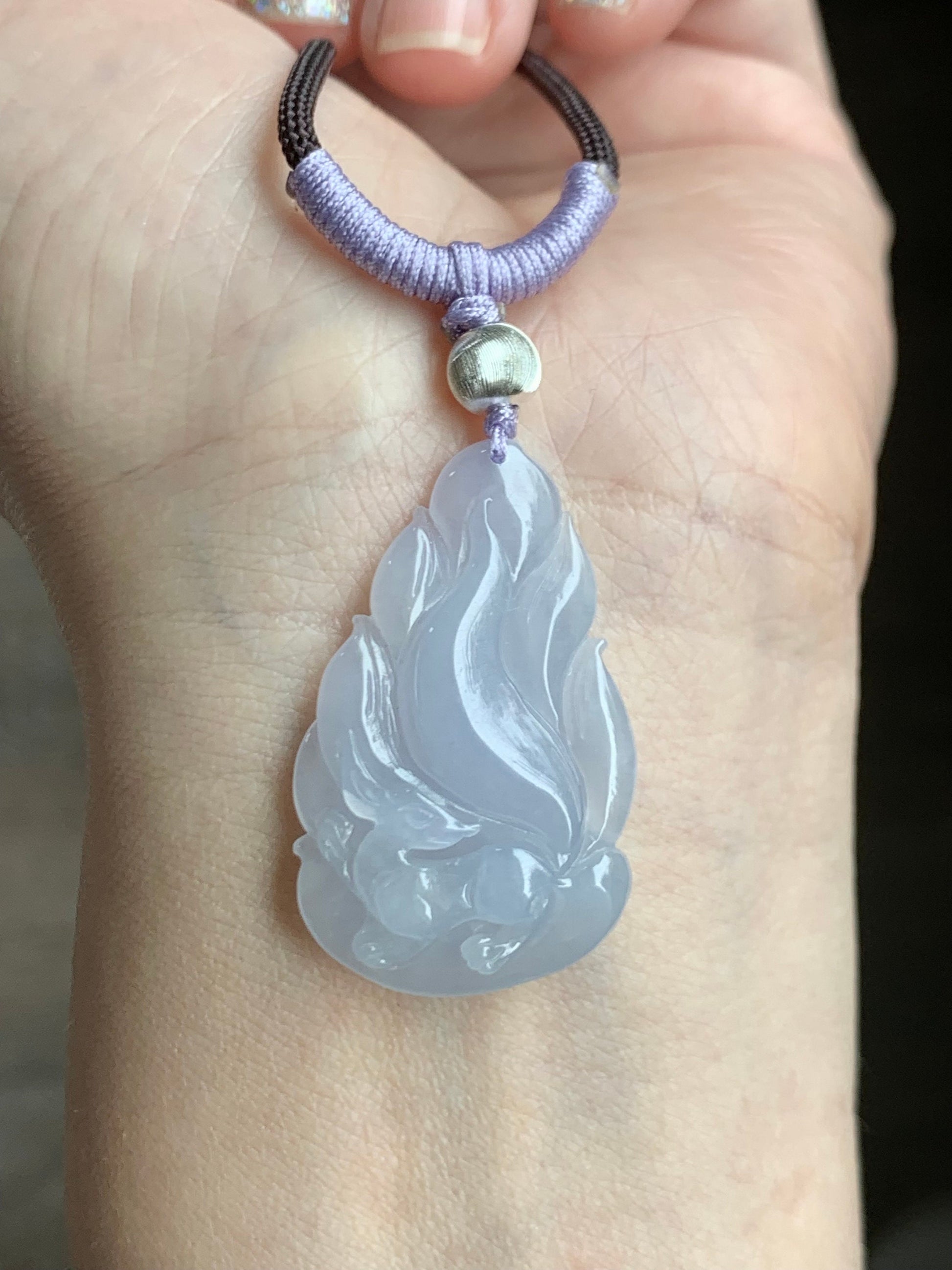 Certified Natural Burmese Icy Translucent Gelatinous Soft Purple Jadeite Carved Nine-Tailed Fox Pendant Rope Necklace 26” 天然缅甸冰胶淡紫翡翠九尾狐吊坠