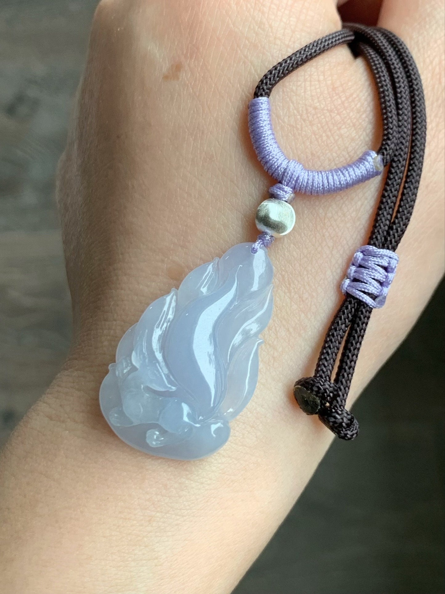 Certified Natural Burmese Icy Translucent Gelatinous Soft Purple Jadeite Carved Nine-Tailed Fox Pendant Rope Necklace 26” 天然缅甸冰胶淡紫翡翠九尾狐吊坠