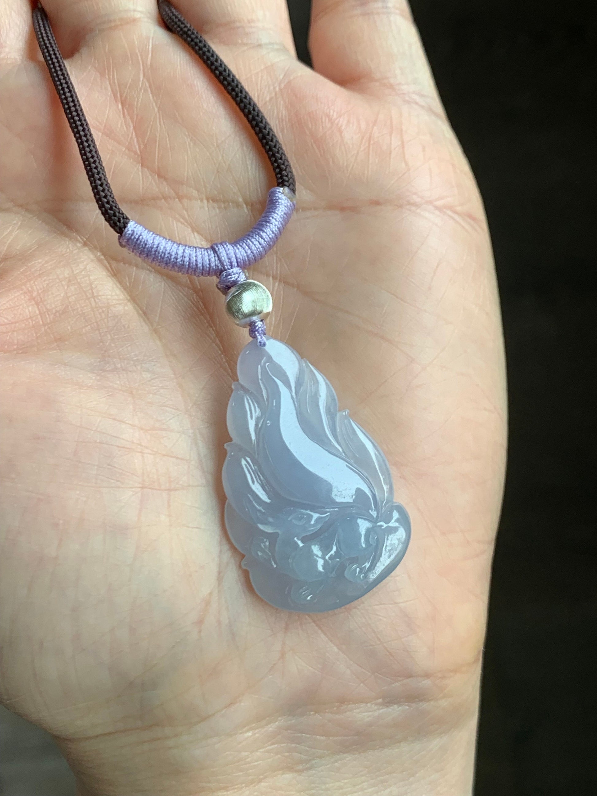 Certified Natural Burmese Icy Translucent Gelatinous Soft Purple Jadeite Carved Nine-Tailed Fox Pendant Rope Necklace 26” 天然缅甸冰胶淡紫翡翠九尾狐吊坠