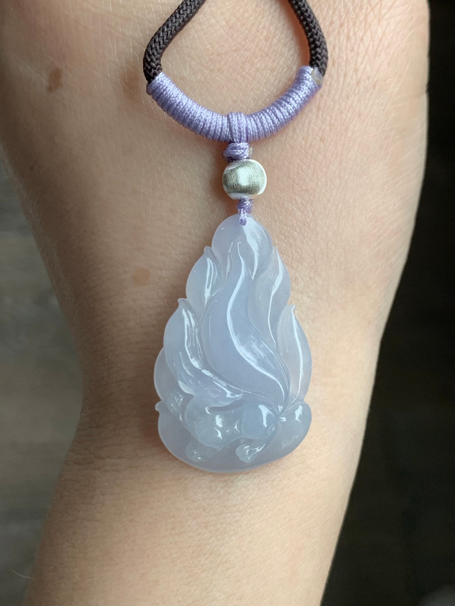 Certified Natural Burmese Icy Translucent Gelatinous Soft Purple Jadeite Carved Nine-Tailed Fox Pendant Rope Necklace 26” 天然缅甸冰胶淡紫翡翠九尾狐吊坠