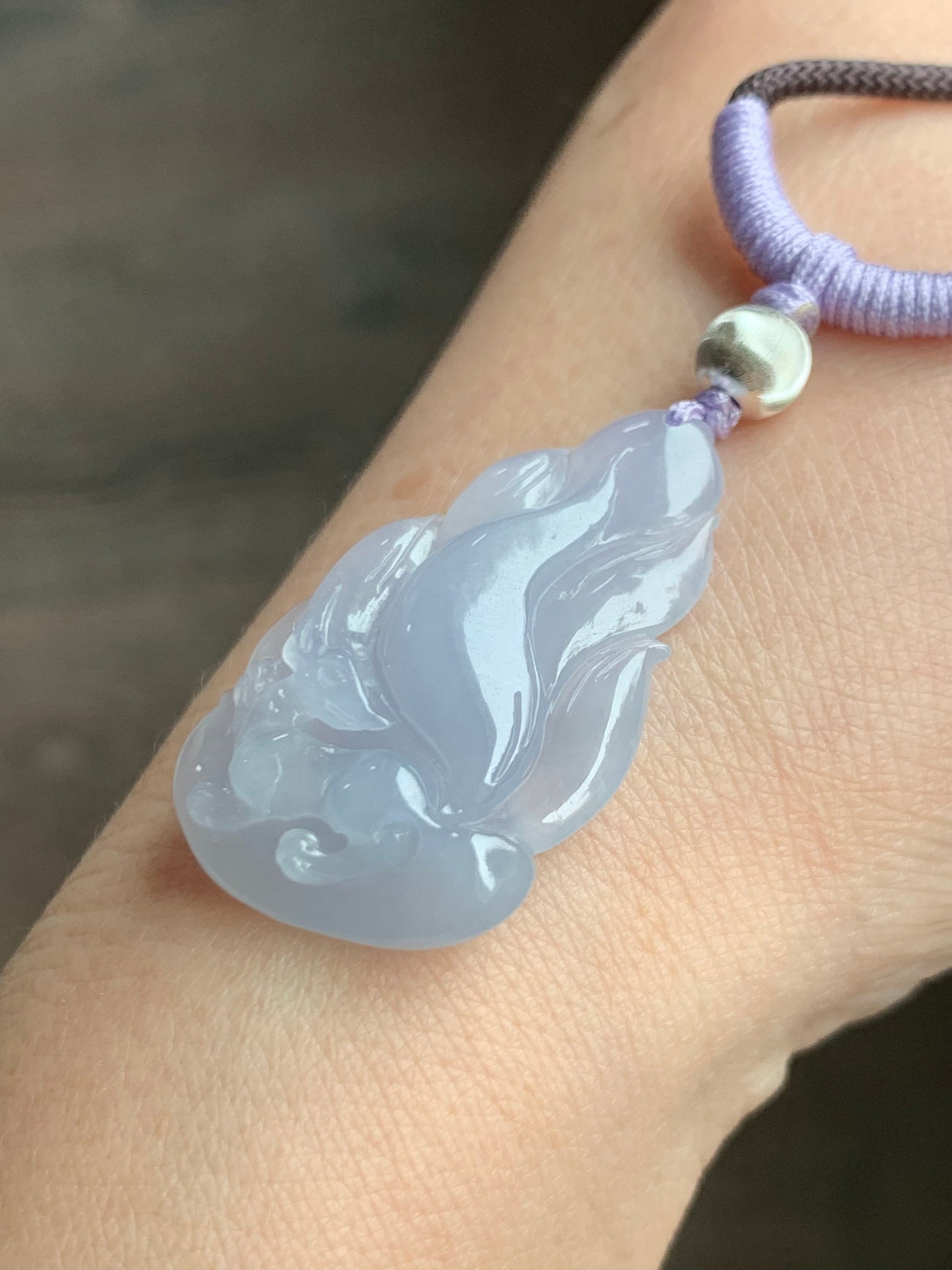 Certified Natural Burmese Icy Translucent Gelatinous Soft Purple Jadeite Carved Nine-Tailed Fox Pendant Rope Necklace 26” 天然缅甸冰胶淡紫翡翠九尾狐吊坠