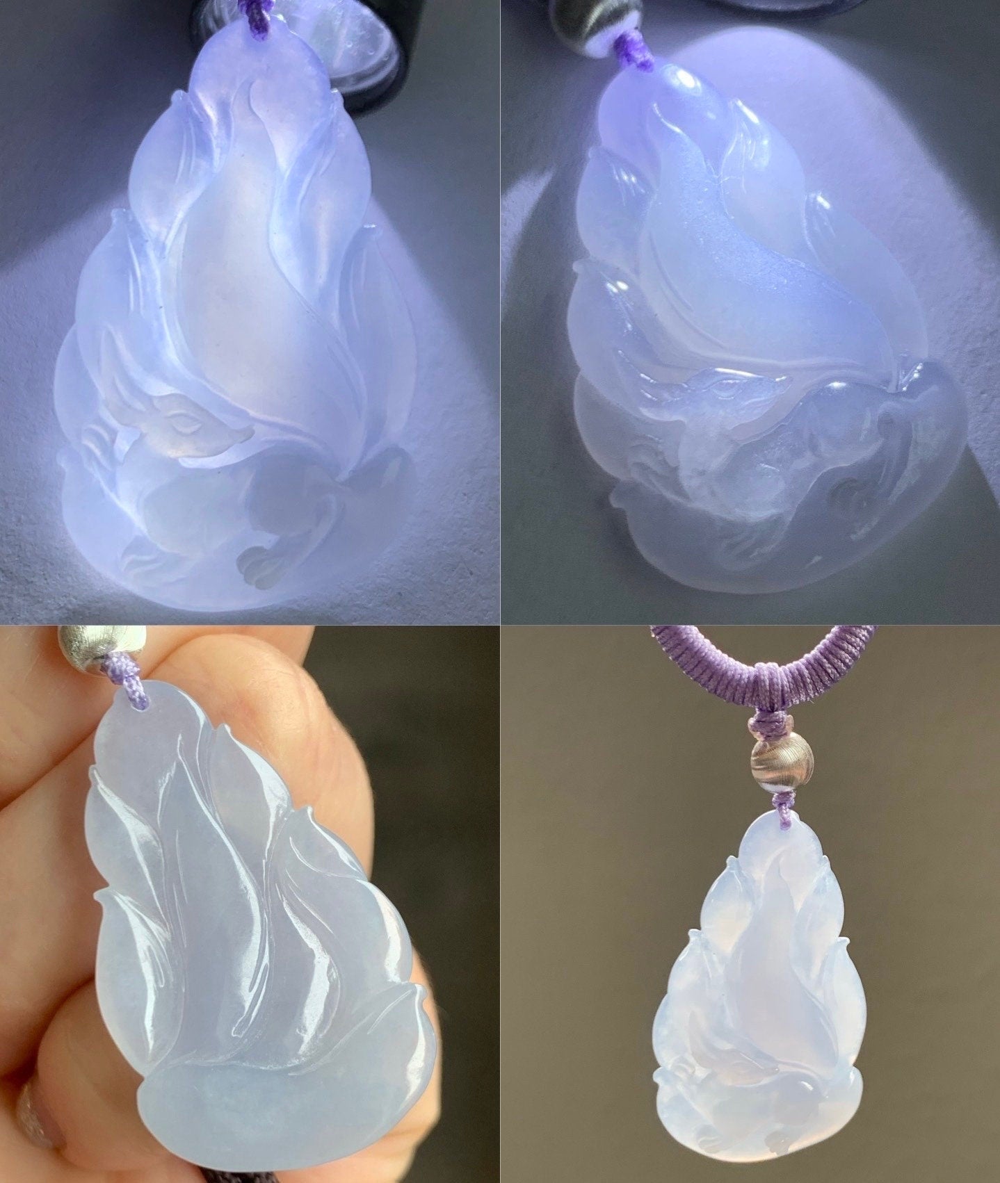 Certified Natural Burmese Icy Translucent Gelatinous Soft Purple Jadeite Carved Nine-Tailed Fox Pendant Rope Necklace 26” 天然缅甸冰胶淡紫翡翠九尾狐吊坠