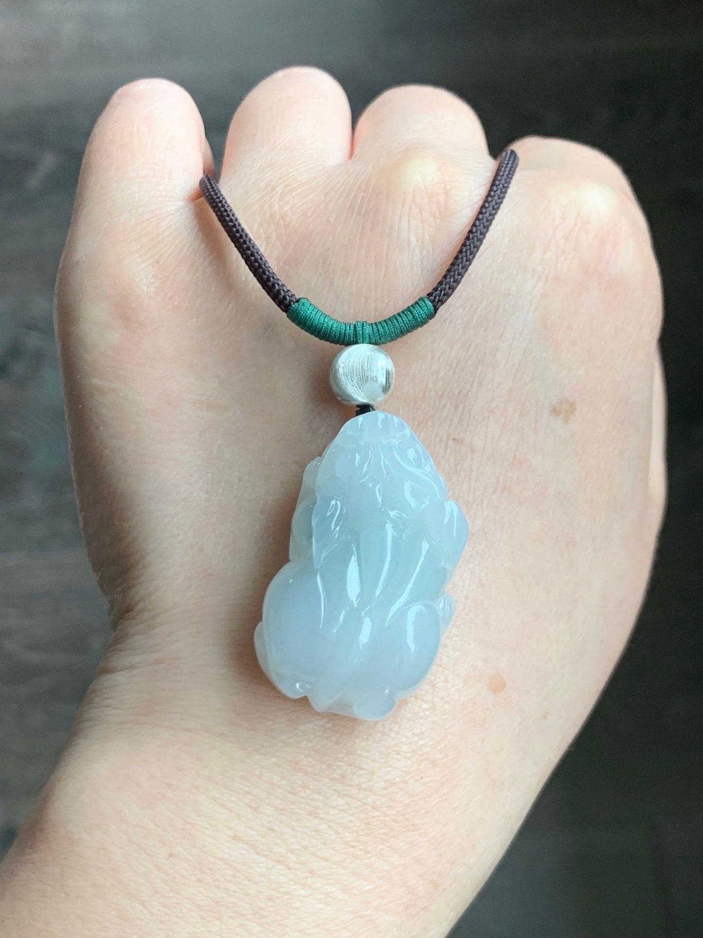 Natural Burmese Icy Translucent Gelatinous White Jadeite Pixiu Pendant Rope Necklace Sterling Silver 26" Adjustable 20g 天然缅甸白冰胶玛瑙底飘绿翡翠貔貅吊坠