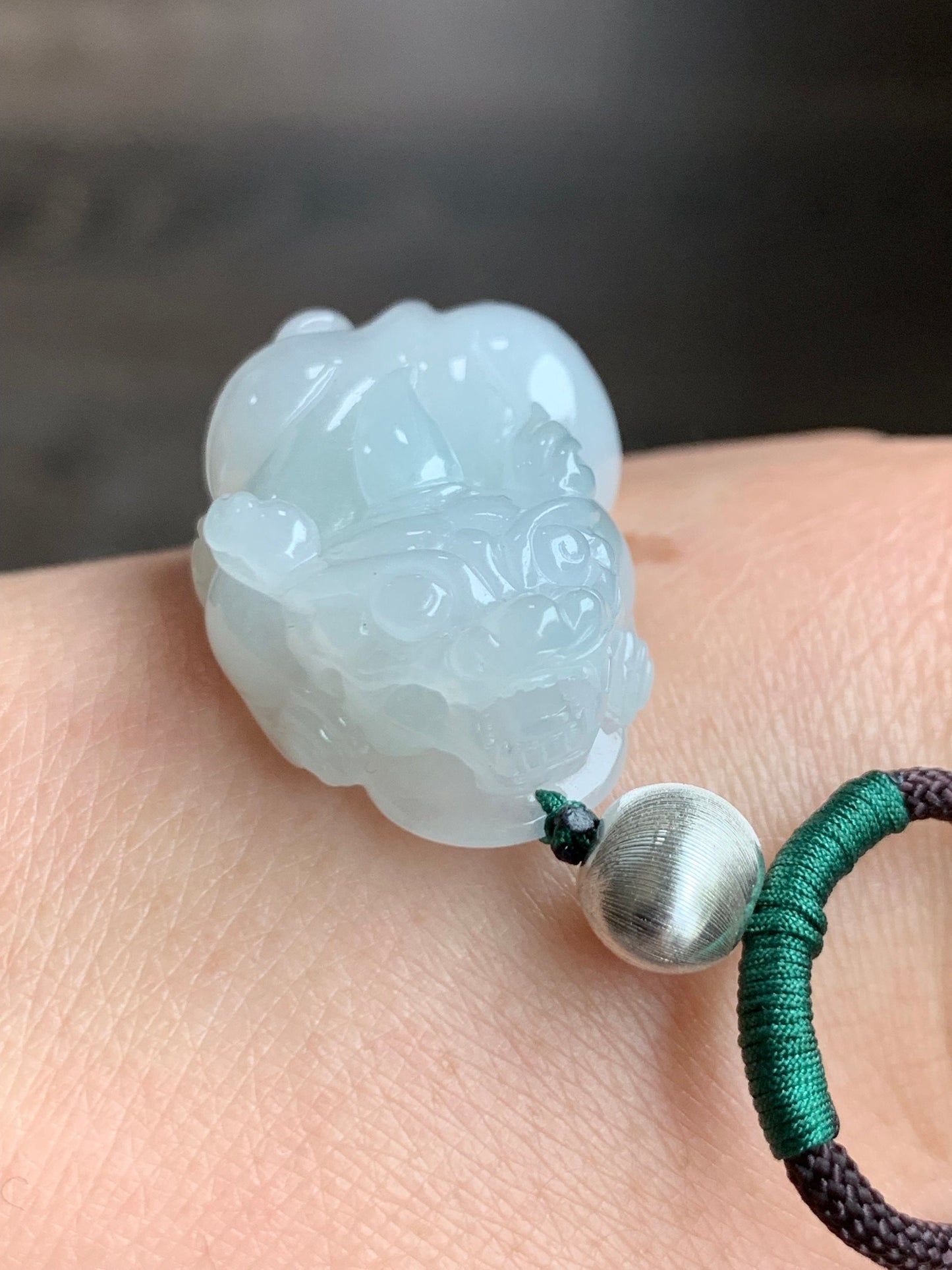 Natural Burmese Icy Translucent Gelatinous White Jadeite Pixiu Pendant Rope Necklace Sterling Silver 26" Adjustable 20g 天然缅甸白冰胶玛瑙底飘绿翡翠貔貅吊坠