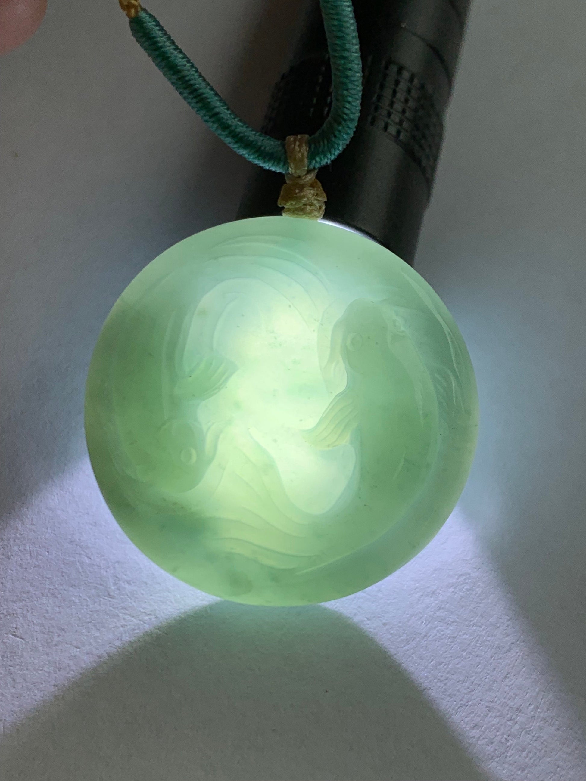 Natural Guatemalan Translucent Dusty Blue Jadeite Double Koi Fish Disc Pendant Rope Necklace 26” Adjustable 天然冰危淡蓝翡翠双鱼圆牌吊坠