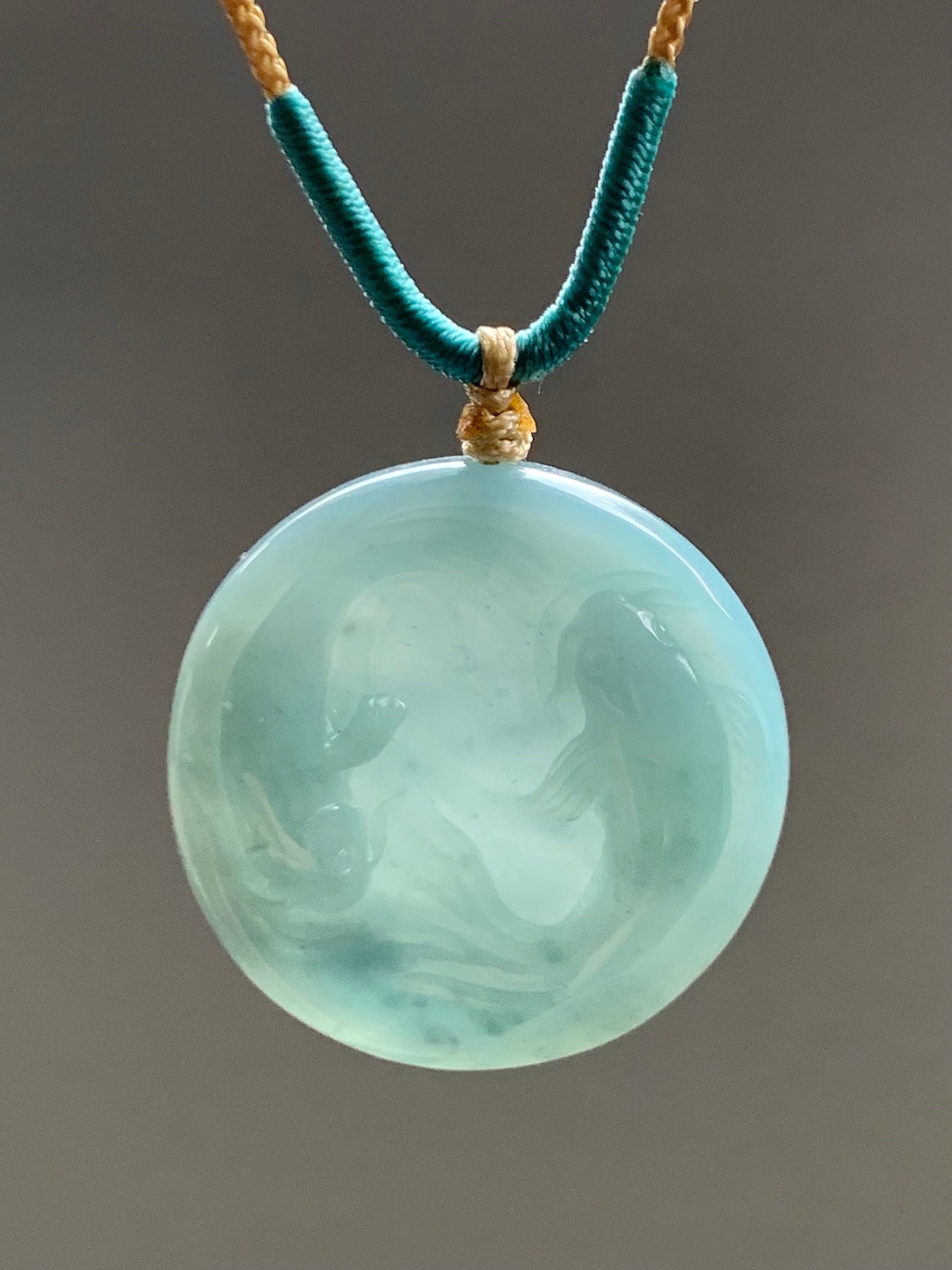 Natural Guatemalan Translucent Dusty Blue Jadeite Double Koi Fish Disc Pendant Rope Necklace 26” Adjustable 天然冰危淡蓝翡翠双鱼圆牌吊坠