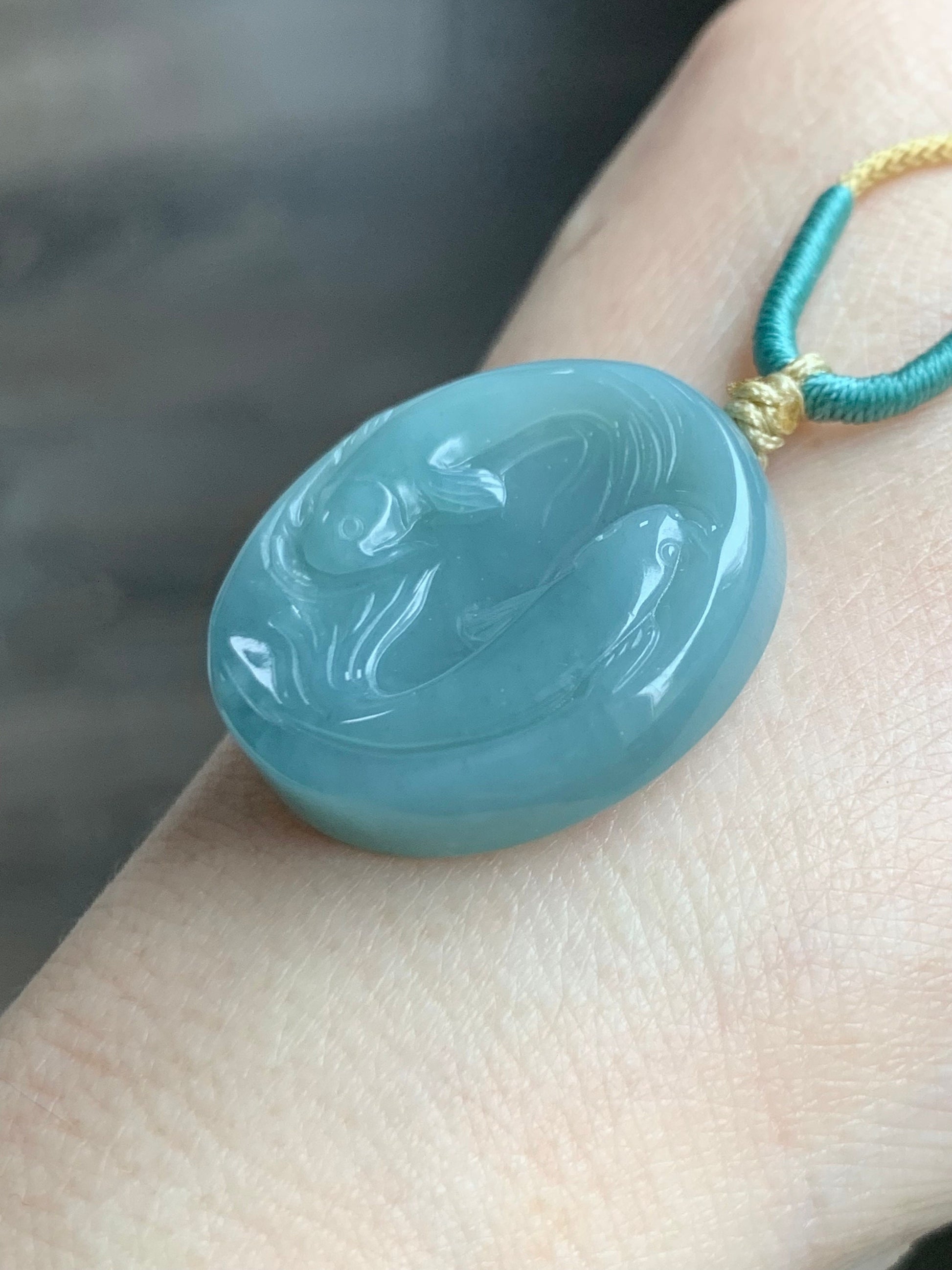 Natural Guatemalan Translucent Dusty Blue Jadeite Double Koi Fish Disc Pendant Rope Necklace 26” Adjustable 天然冰危淡蓝翡翠双鱼圆牌吊坠