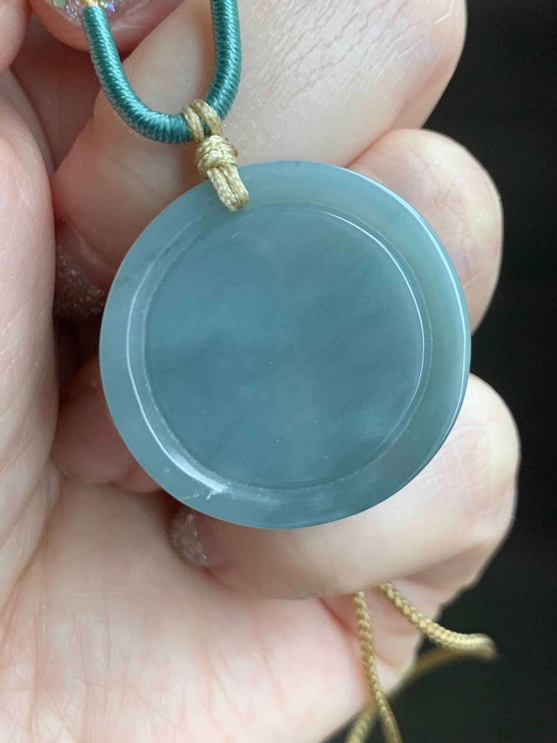 Natural Guatemalan Translucent Dusty Blue Jadeite Double Koi Fish Disc Pendant Rope Necklace 26” Adjustable 天然冰危淡蓝翡翠双鱼圆牌吊坠