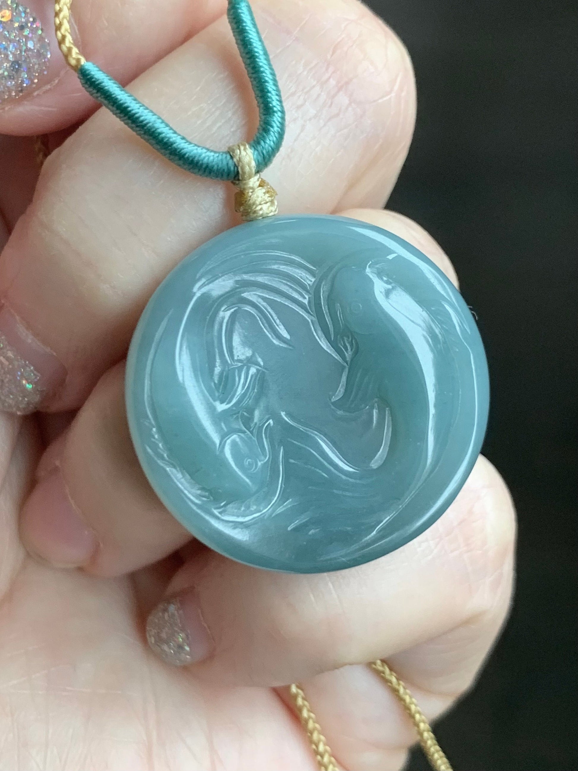 Natural Guatemalan Translucent Dusty Blue Jadeite Double Koi Fish Disc Pendant Rope Necklace 26” Adjustable 天然冰危淡蓝翡翠双鱼圆牌吊坠