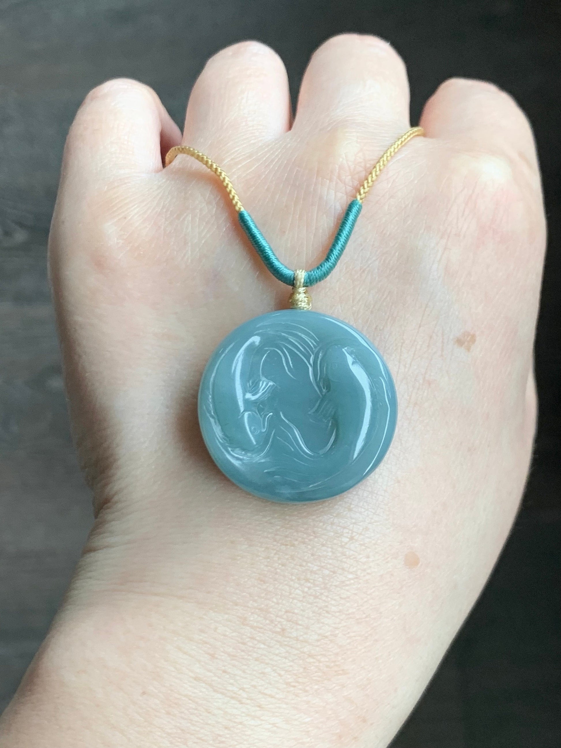 Natural Guatemalan Translucent Dusty Blue Jadeite Double Koi Fish Disc Pendant Rope Necklace 26” Adjustable 天然冰危淡蓝翡翠双鱼圆牌吊坠