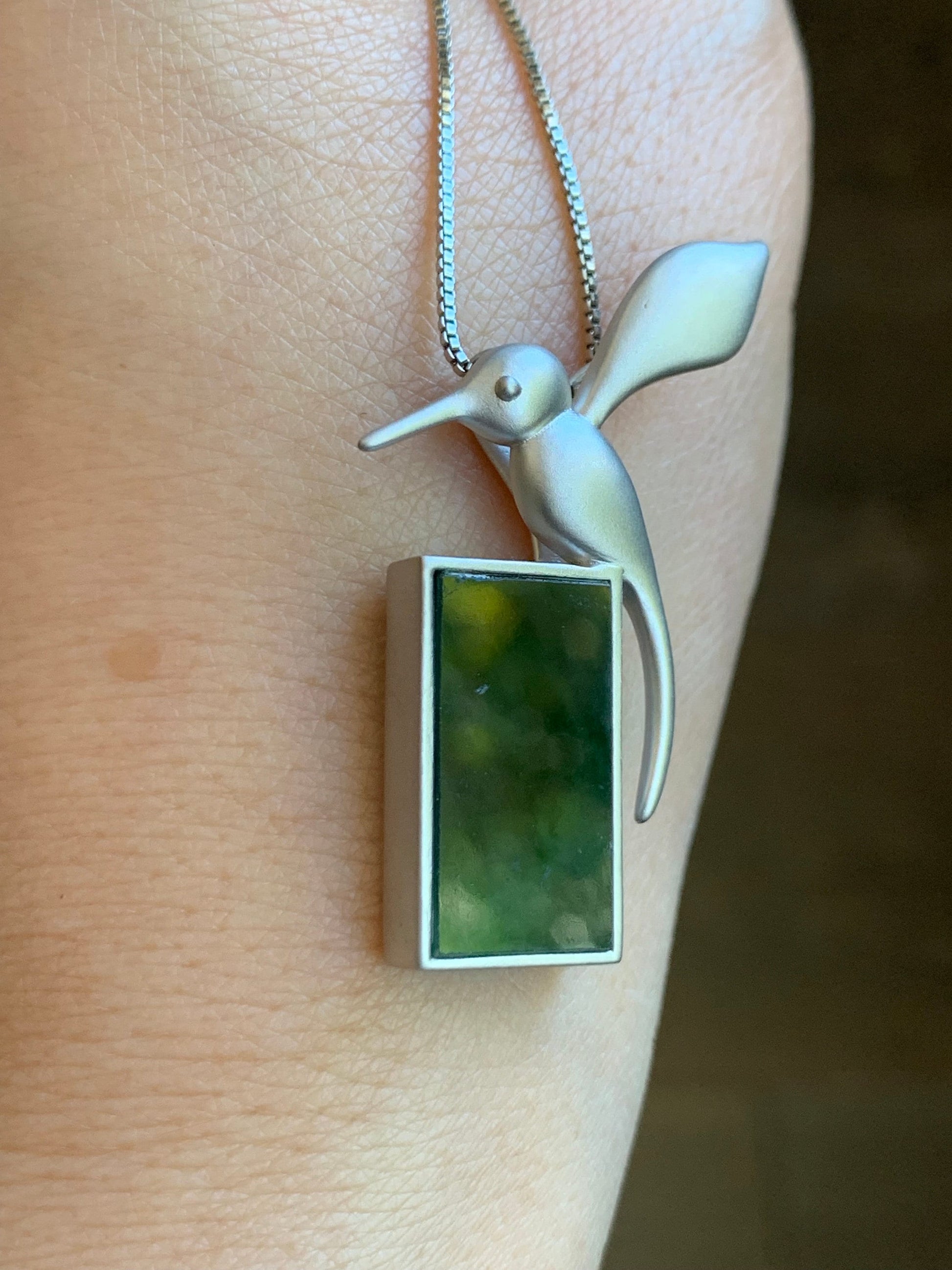 Certified Natural Burmese Icy Highly Translucent Dark Green Marbled Jadeite Hummingbird Pendant Sterling Silver 7.45g 天然缅甸冰飘花翡翠无事牌蜂鸟吊坠 7067