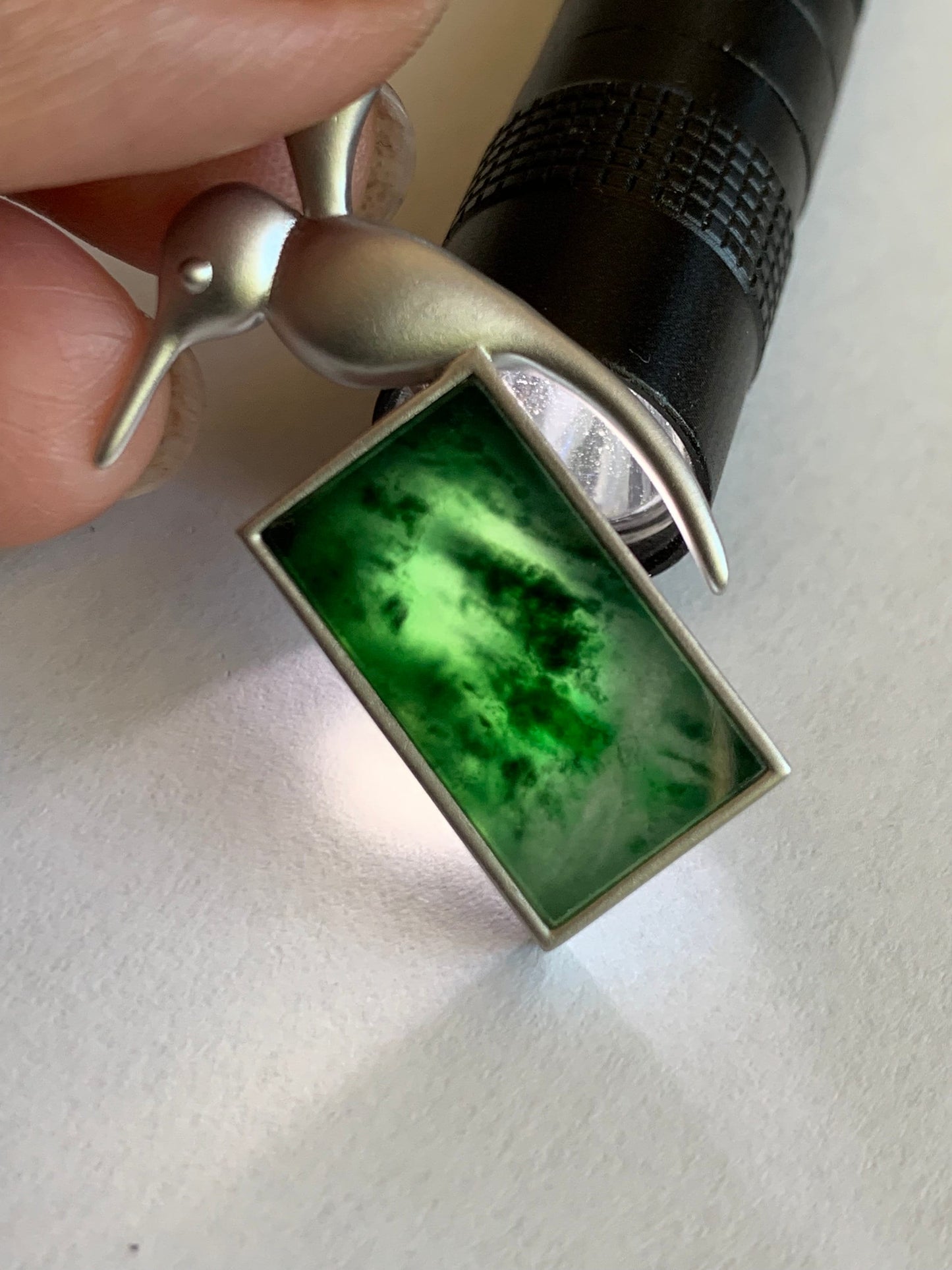 Certified Natural Burmese Icy Highly Translucent Dark Green Marbled Jadeite Hummingbird Pendant Sterling Silver 7.45g 天然缅甸冰飘花翡翠无事牌蜂鸟吊坠 7067