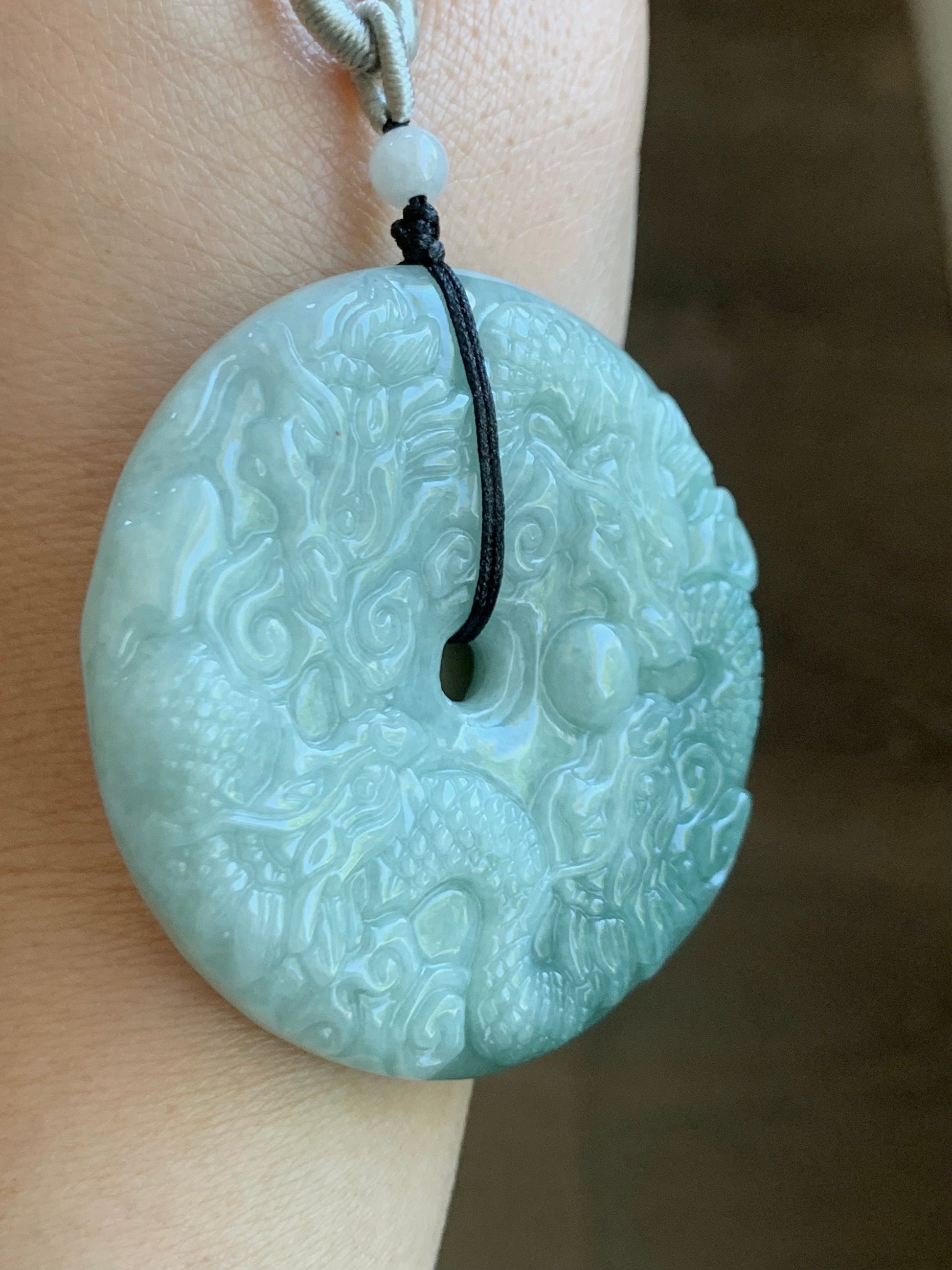 Natural Burmese Semi-Translucent Light Green Jadeite w/ Dusty Green Marbling Nine Dragons Pendant Rope Necklace 25" 65g 天然缅甸淡绿翡翠九龙牌双面雕吊坠