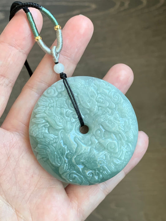 Natural Burmese Semi-Translucent Light Green Jadeite w/ Dusty Green Marbling Nine Dragons Pendant Rope Necklace 25" 65g 天然缅甸淡绿翡翠九龙牌双面雕吊坠