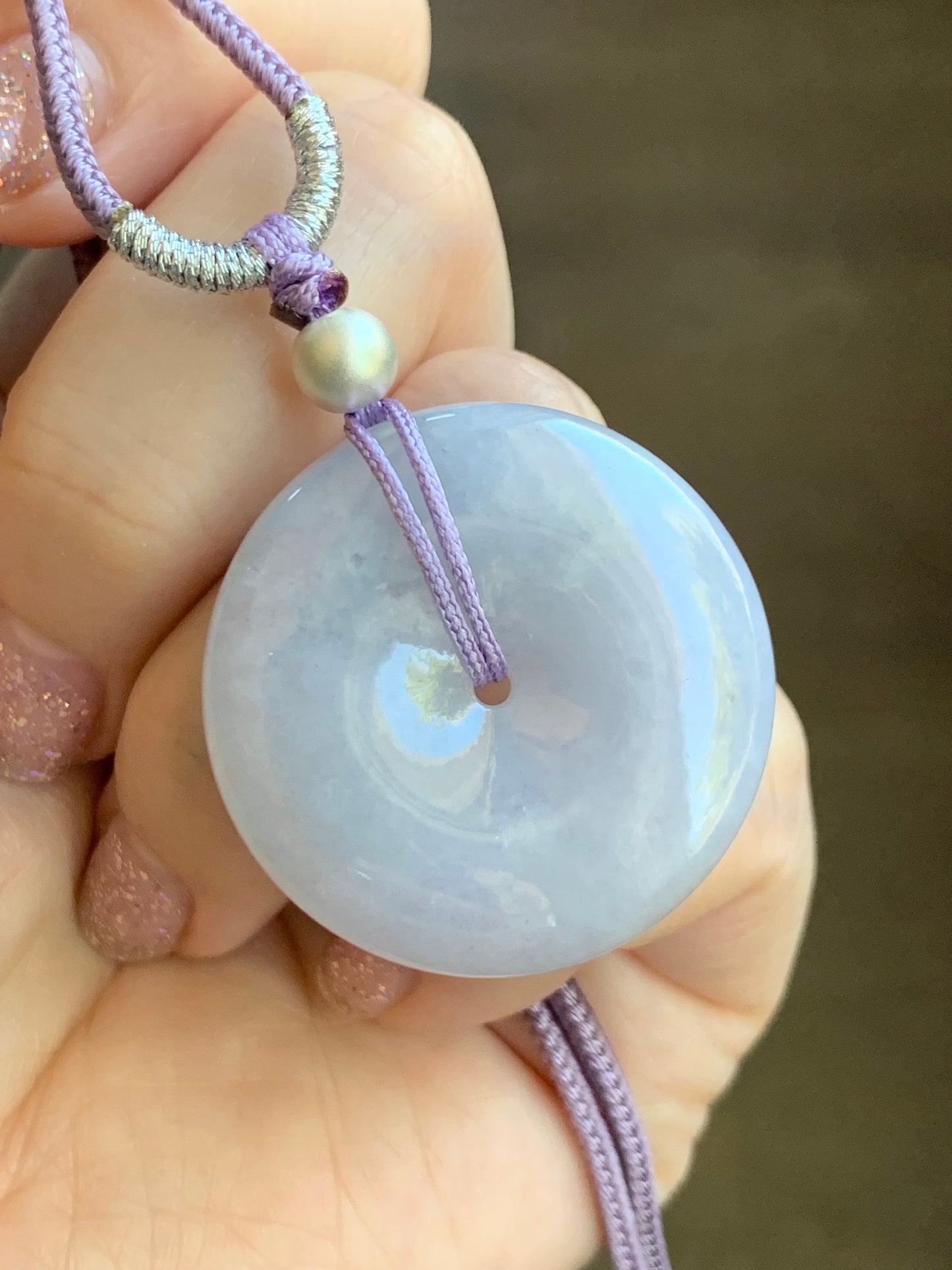 Certified Natural Burmese Icy Translucent Light Purple Jadeite Ping An Kou Donut Pendant Rope Necklace Sterling Silver 30” 天然缅甸冰糯紫翡翠平安扣吊坠项链