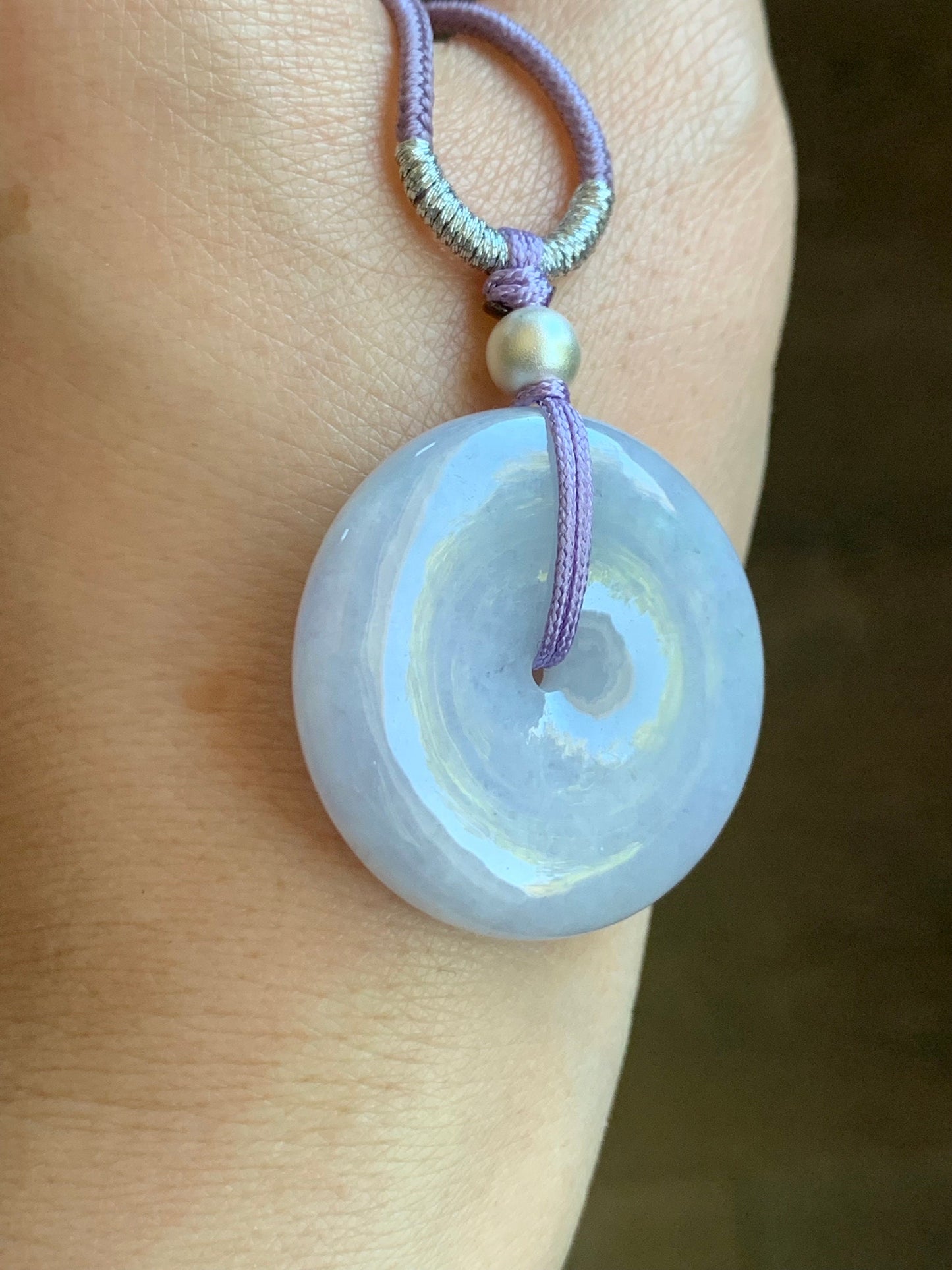 Certified Natural Burmese Icy Translucent Light Purple Jadeite Ping An Kou Donut Pendant Rope Necklace Sterling Silver 30” 天然缅甸冰糯紫翡翠平安扣吊坠项链