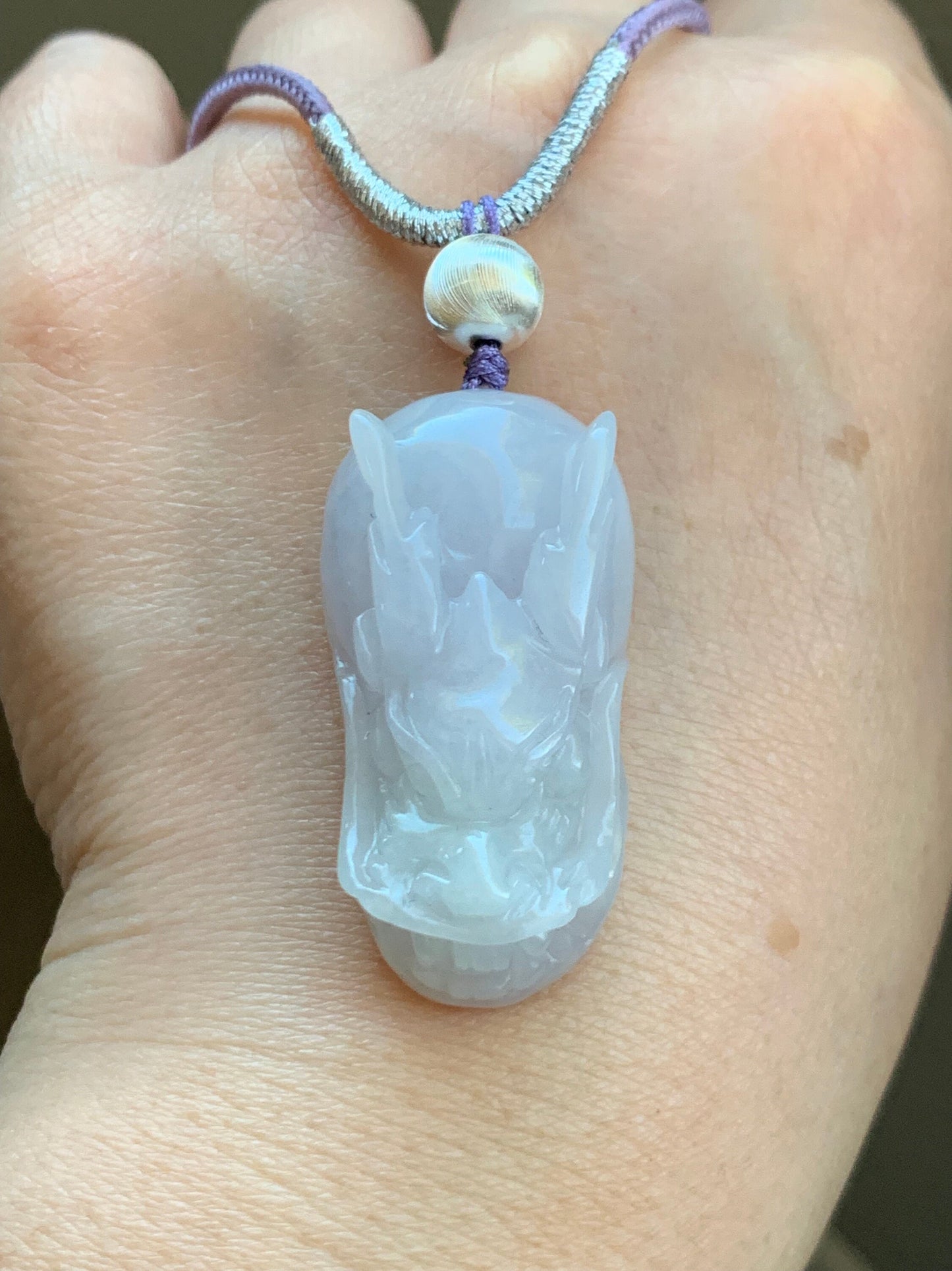 Natural Burmese Icy Translucent Light Blue Jadeite Carved Dragon Pendant Sterling Silver Rope Necklace 19g 26” Adjustable 天然缅甸冰淡紫翡翠龙头吊坠项链