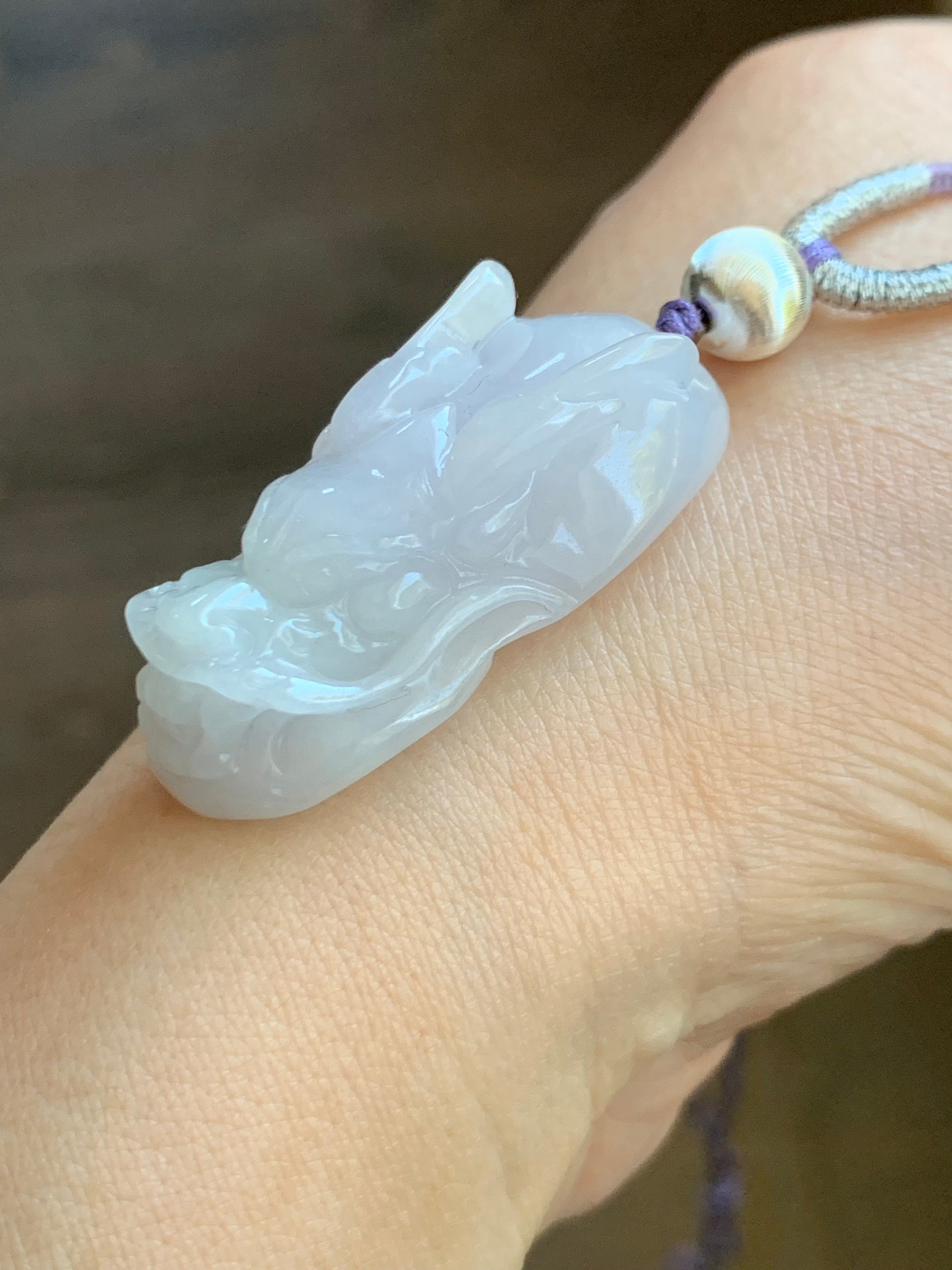 Natural Burmese Icy Translucent Light Blue Jadeite Carved Dragon Pendant Sterling Silver Rope Necklace 19g 26” Adjustable 天然缅甸冰淡紫翡翠龙头吊坠项链