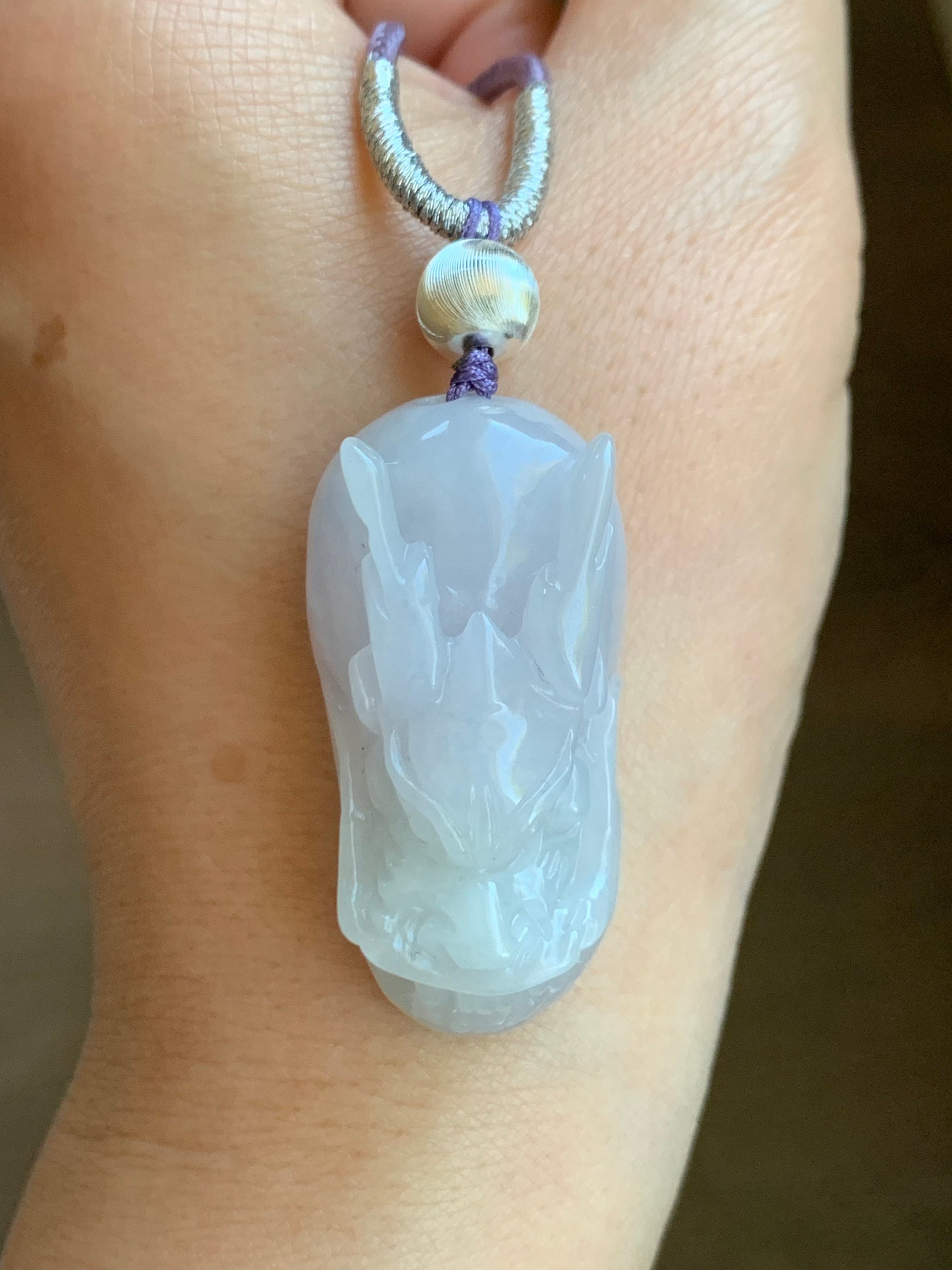 Natural Burmese Icy Translucent Light Blue Jadeite Carved Dragon Pendant Sterling Silver Rope Necklace 19g 26” Adjustable 天然缅甸冰淡紫翡翠龙头吊坠项链