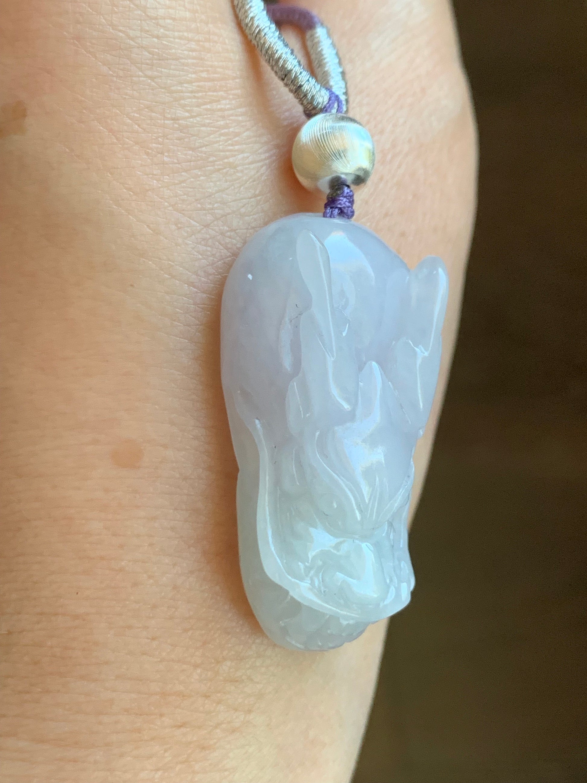 Natural Burmese Icy Translucent Light Blue Jadeite Carved Dragon Pendant Sterling Silver Rope Necklace 19g 26” Adjustable 天然缅甸冰淡紫翡翠龙头吊坠项链