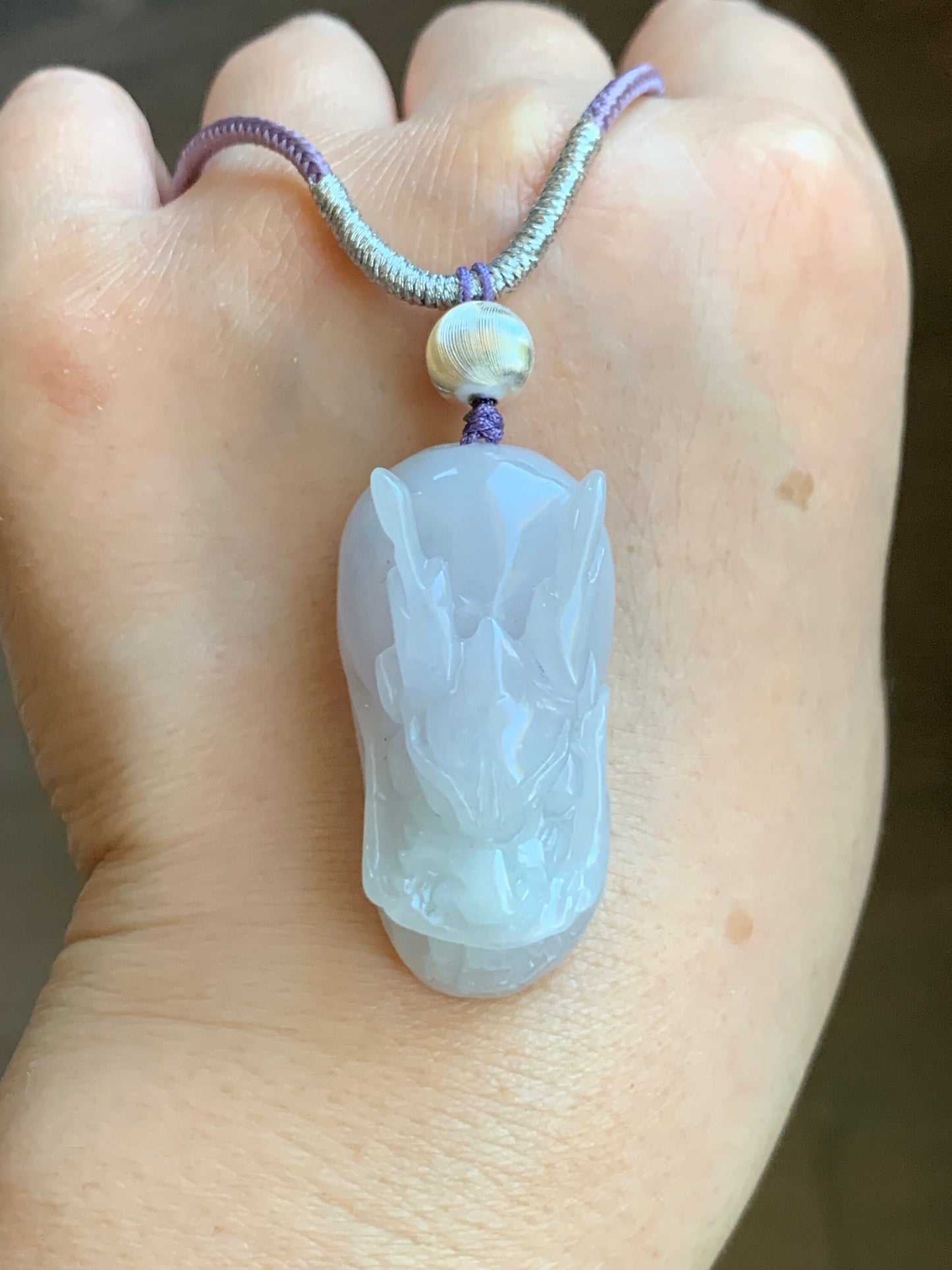 Natural Burmese Icy Translucent Light Blue Jadeite Carved Dragon Pendant Sterling Silver Rope Necklace 19g 26” Adjustable 天然缅甸冰淡紫翡翠龙头吊坠项链