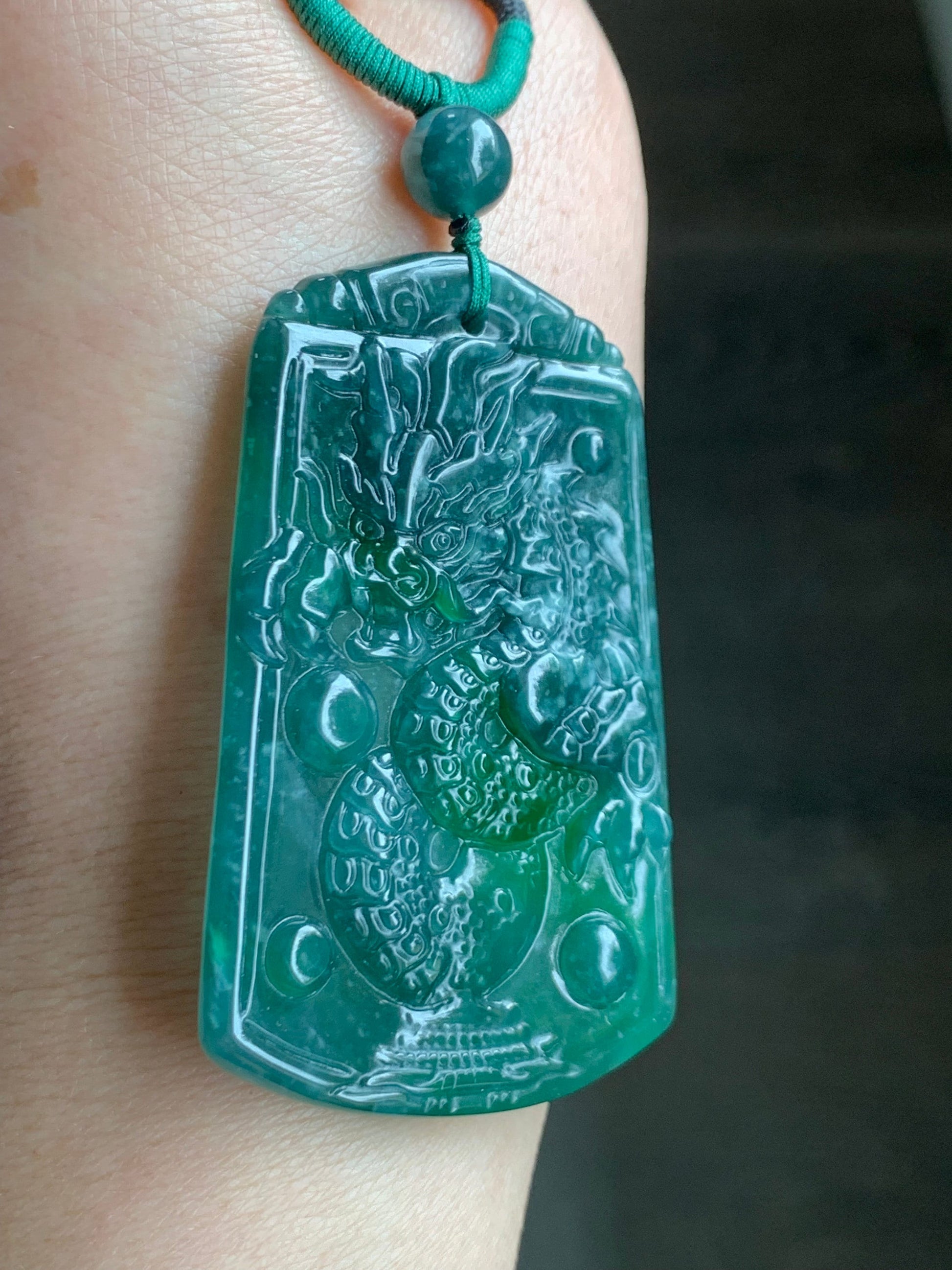 Natural Guatemalan Icy Translucent Teal Green Jadeite Vibrant Green Marbling Dragon Pendant Rope Necklace 32" Adjustable 21g 天然冰危湖水蓝飘绿翡翠龙牌吊坠