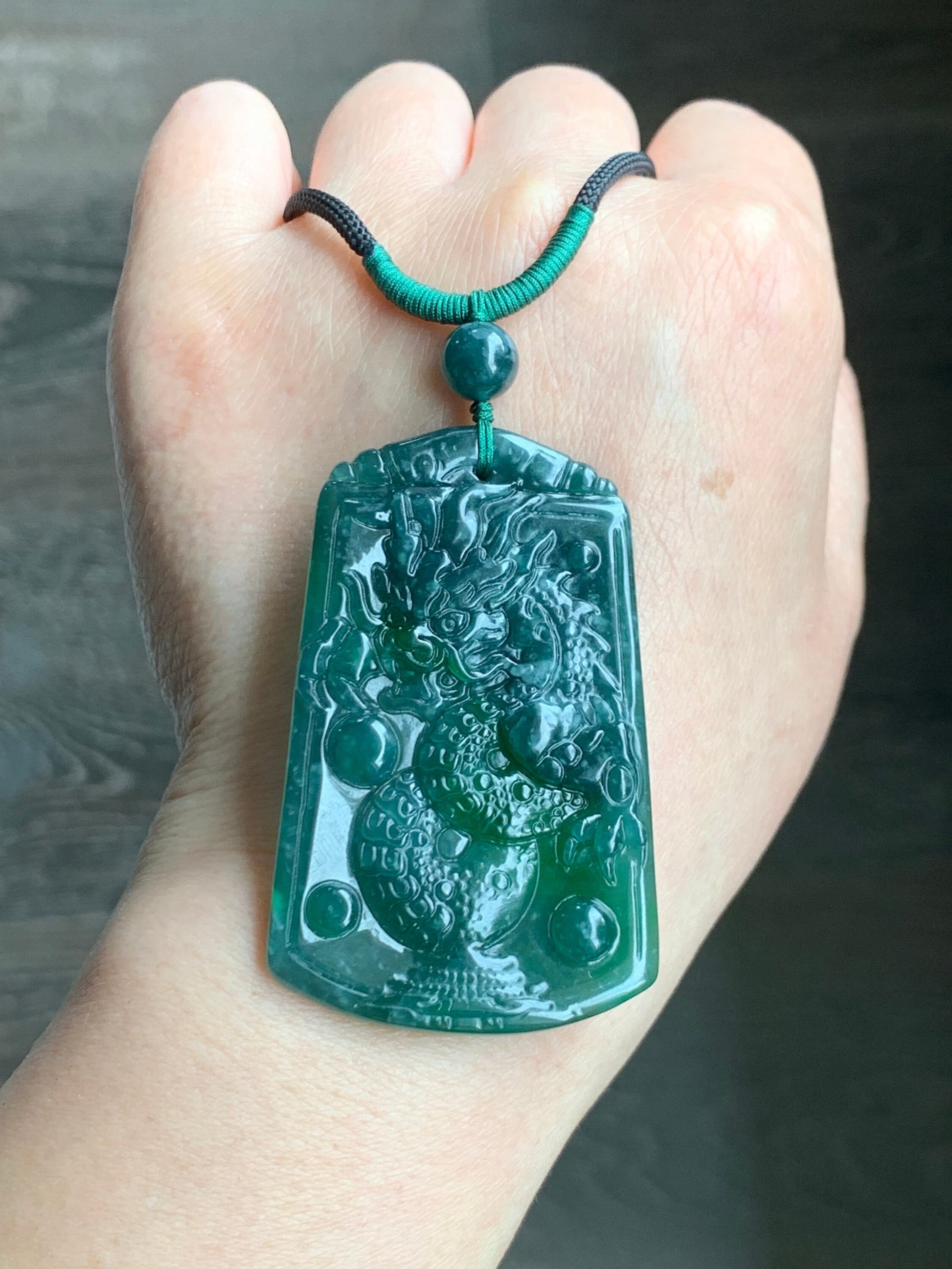 Natural Guatemalan Icy Translucent Teal Green Jadeite Vibrant Green Marbling Dragon Pendant Rope Necklace 32" Adjustable 21g 天然冰危湖水蓝飘绿翡翠龙牌吊坠