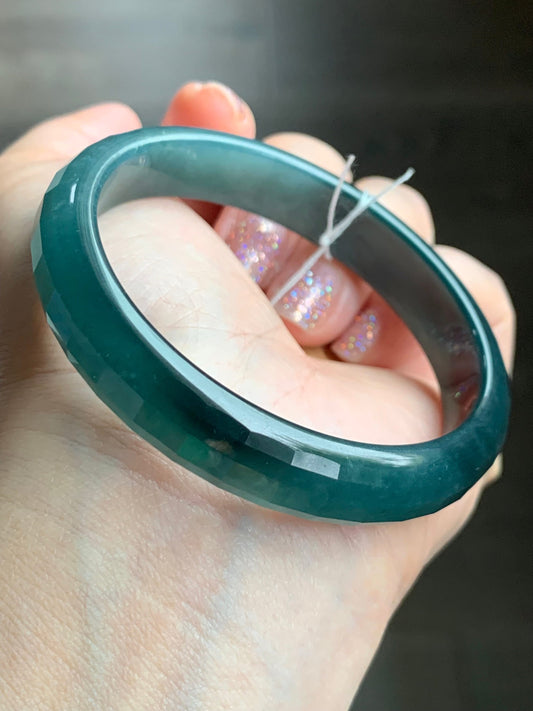 Certified Natural Guatemalan Icy Translucent Dark Blue Jeans Jadeite Faceted Bangle Bracelet 56.5mm 11.4x6.3mm 40.4g 天然老种冰危牛仔蓝翡翠正圈切割面手镯 7088