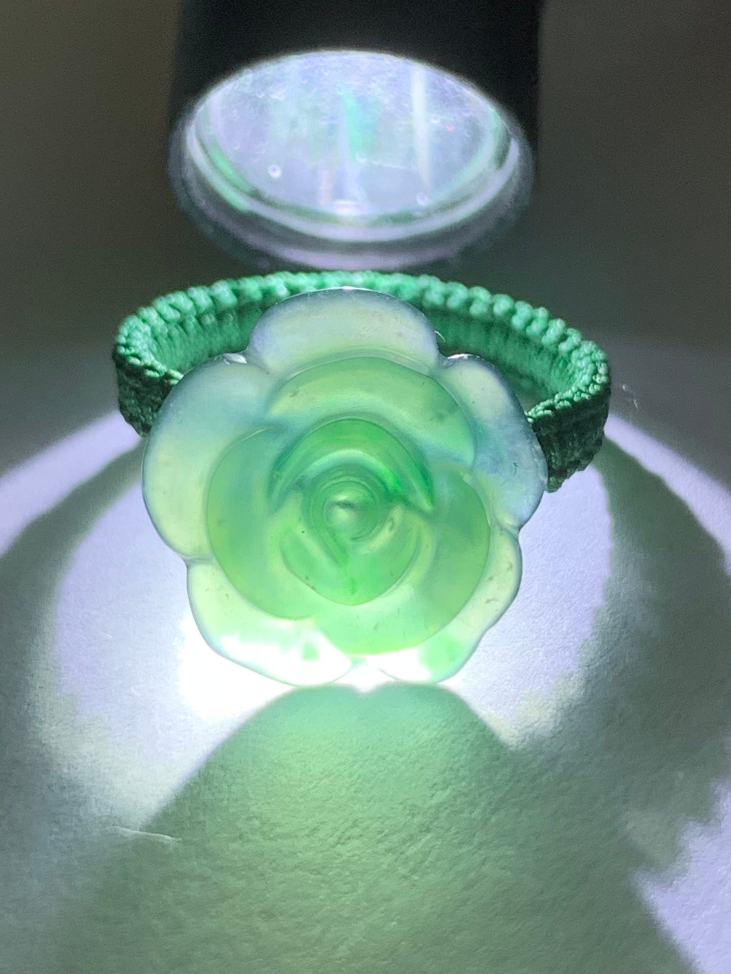 Natural Guatemalan Icy Highly Translucent Gelatinous Teal Green Jadeite Rose Flower Rope Band Ring Size 5.25 天然冰危湖水绿翡翠玫瑰花绳戒