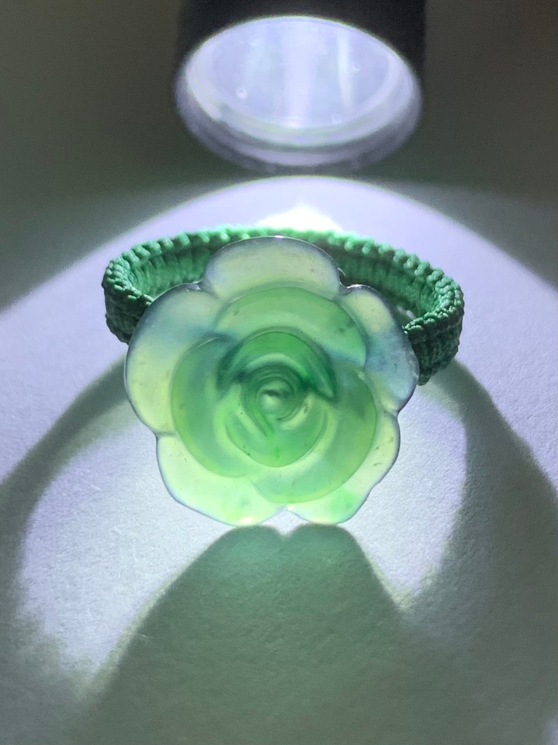 Natural Guatemalan Icy Highly Translucent Gelatinous Teal Green Jadeite Rose Flower Rope Band Ring Size 5.25 天然冰危湖水绿翡翠玫瑰花绳戒