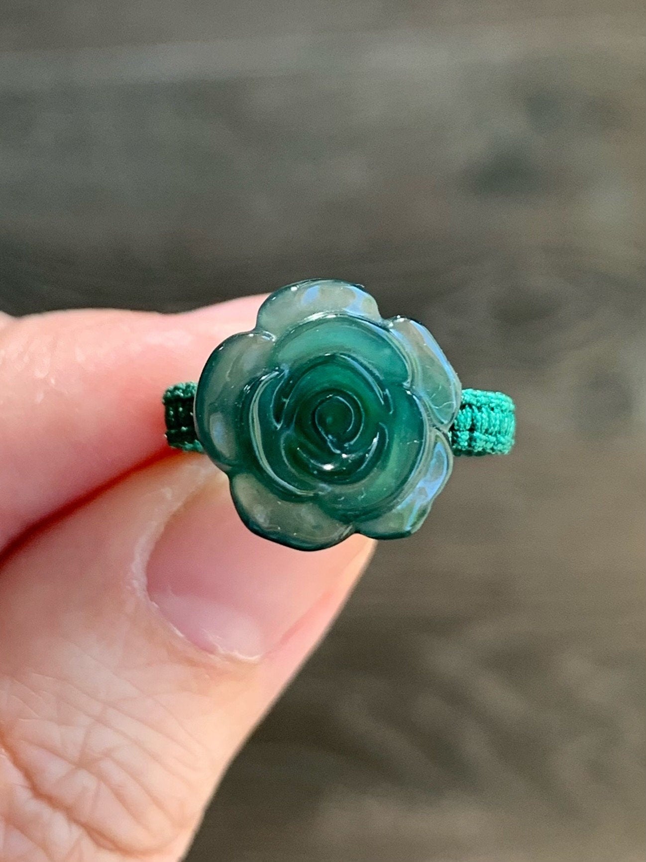 Natural Guatemalan Icy Highly Translucent Gelatinous Teal Green Jadeite Rose Flower Rope Band Ring Size 5.25 天然冰危湖水绿翡翠玫瑰花绳戒