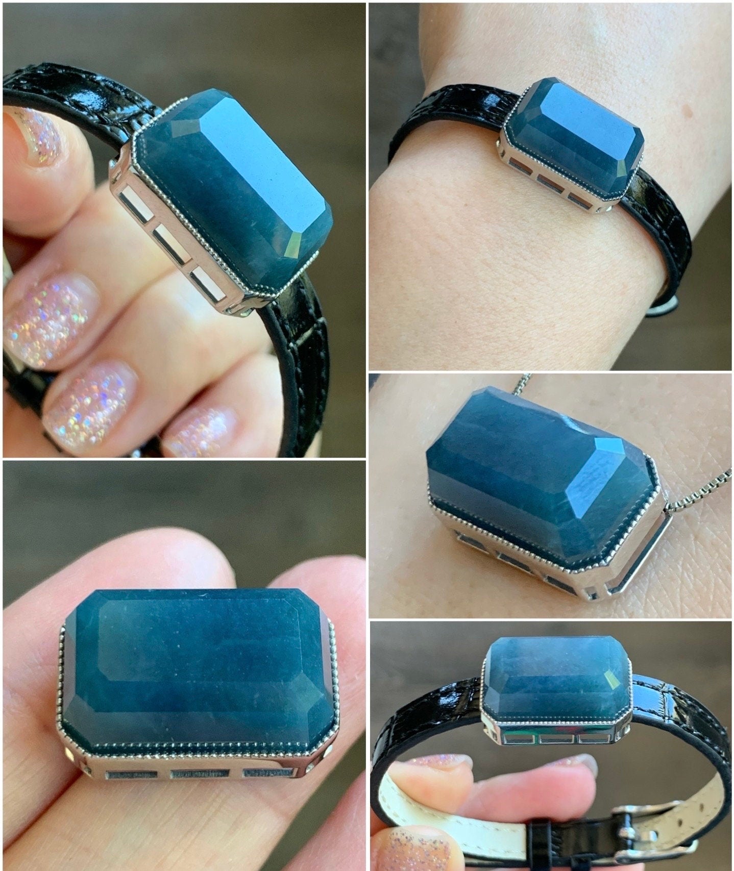 Certified Natural Guatemalan Icy Translucent Large Emerald Cut Blue Jeans Jadeite Bracelet Pendant 2-in-1 Sterling Silver 天然冰危牛仔蓝翡翠切割面镶嵌手牌吊坠