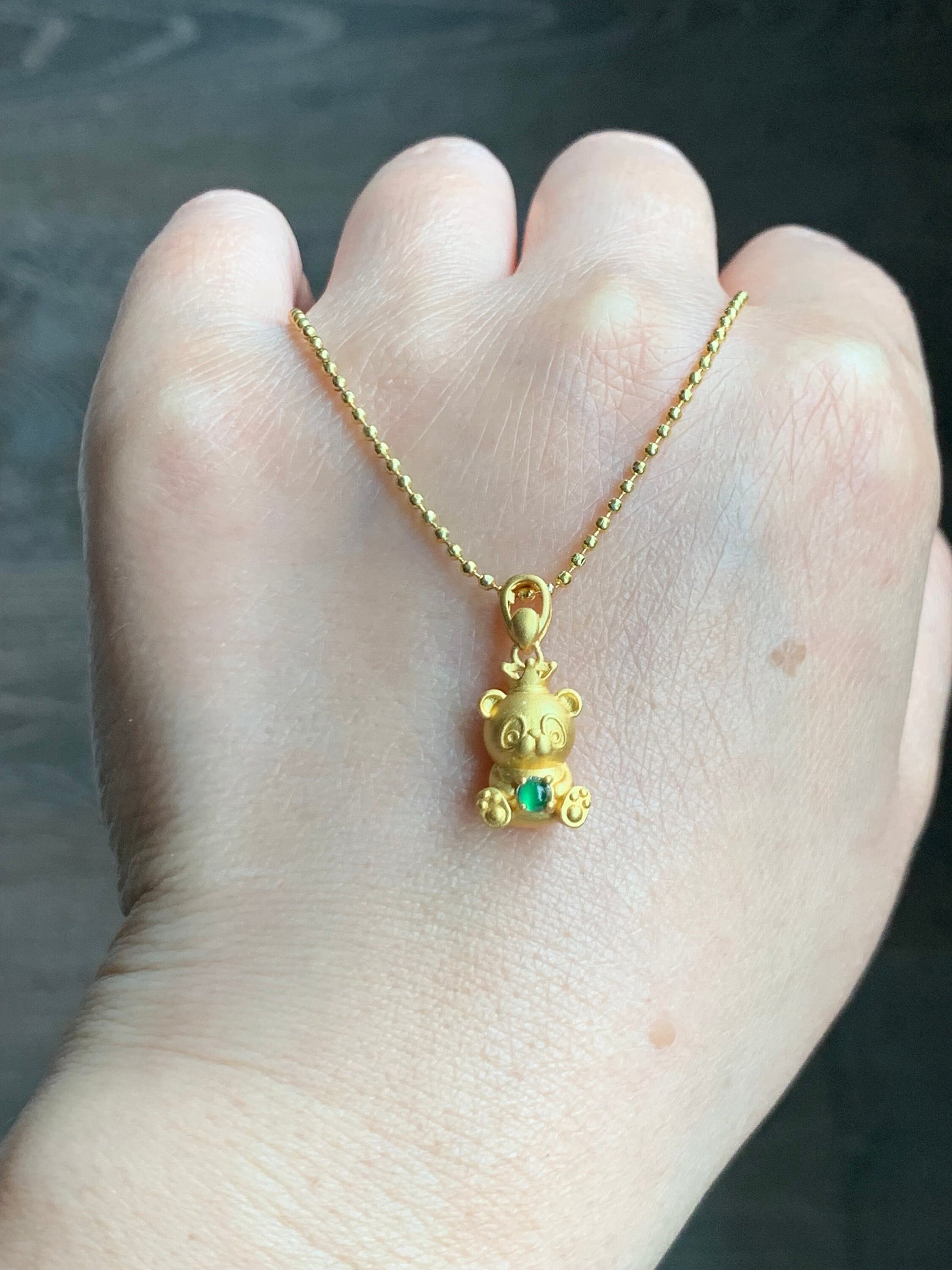 Petite Natural Guatemalan Icy Highly Translucent Green Jadeite Panda Bear Pendant Sterling Silver Yellow Gold Finish 天然高冰危绿翡翠起光小熊猫银镶吊坠