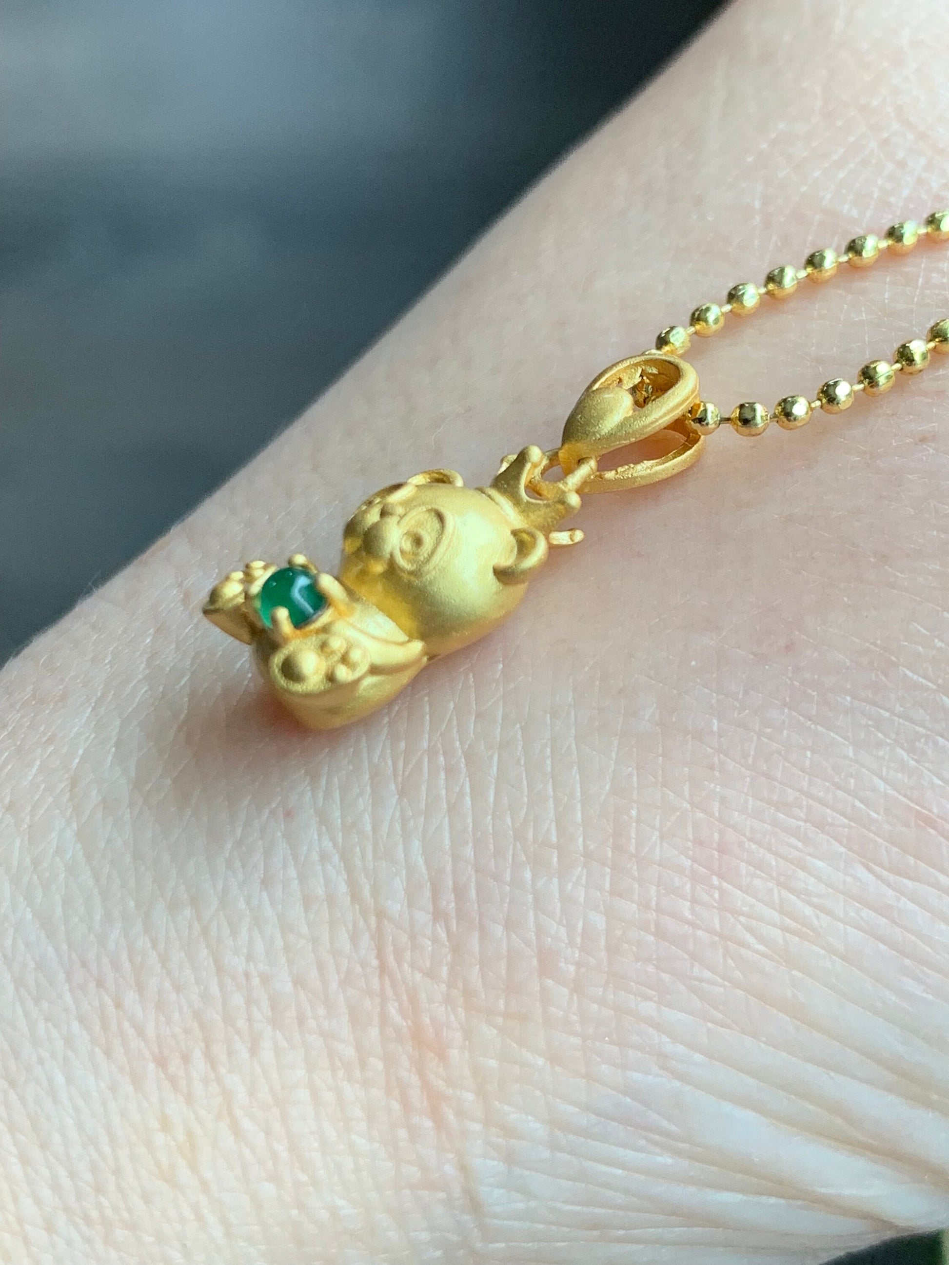 Petite Natural Guatemalan Icy Highly Translucent Green Jadeite Panda Bear Pendant Sterling Silver Yellow Gold Finish 天然高冰危绿翡翠起光小熊猫银镶吊坠