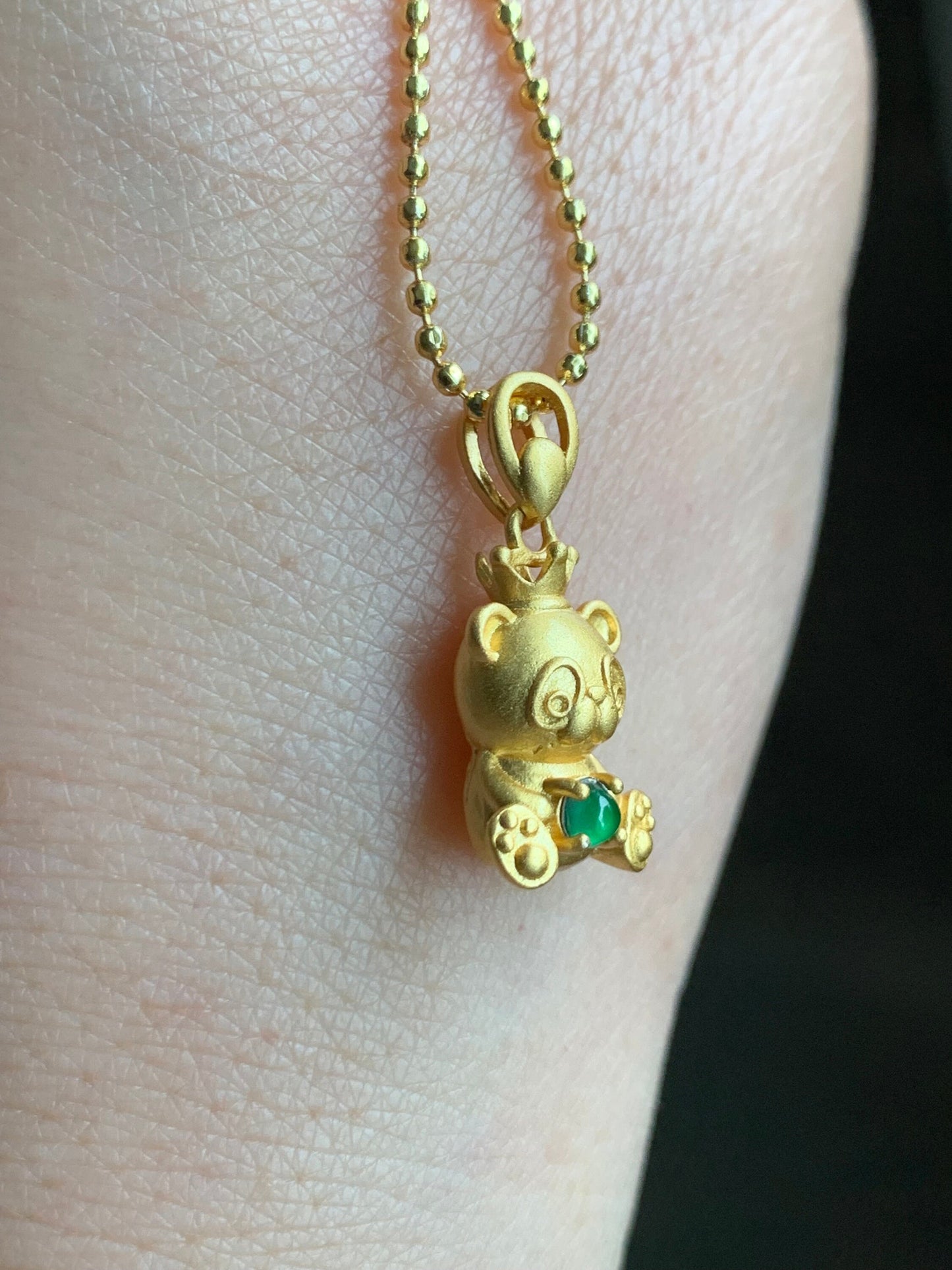 Petite Natural Guatemalan Icy Highly Translucent Green Jadeite Panda Bear Pendant Sterling Silver Yellow Gold Finish 天然高冰危绿翡翠起光小熊猫银镶吊坠