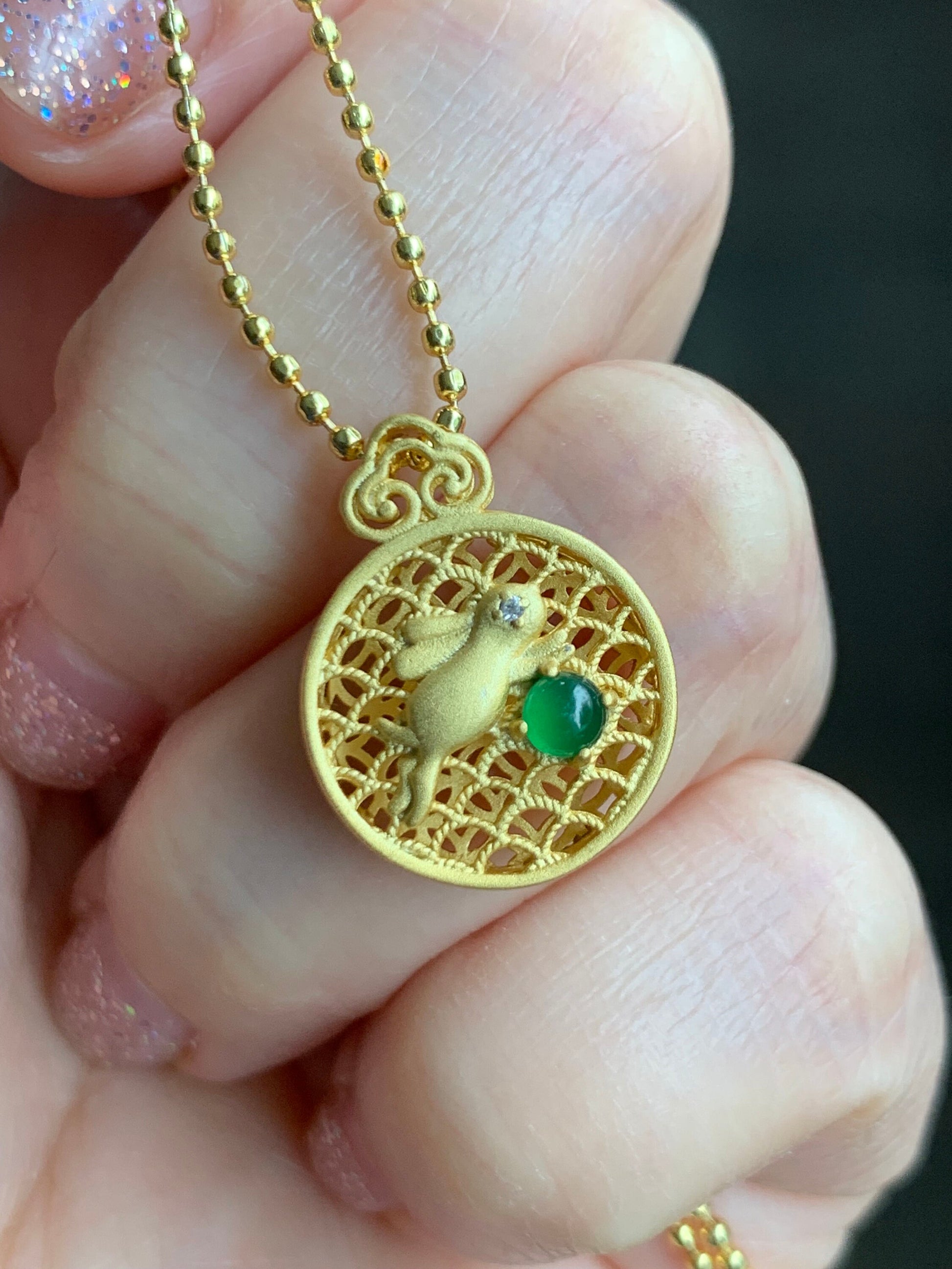 Petite Natural Guatemalan Icy Highly Translucent Green Jadeite Bunny Rabbit Pendant Sterling Silver Yellow Gold Finish 天然高冰危绿翡翠起光小兔银镶吊坠