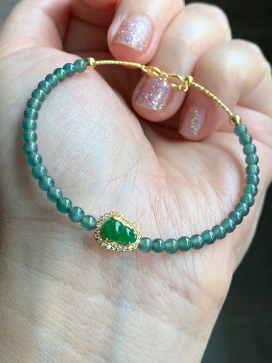 Natural Guatemalan Icy Translucent Vibrant Green Jadeite Gourd Deep Teal Blue Beads Wire Bracelet Sterling Silver 6.5”-7.5” 天然冰危绿翡翠葫芦深蓝珠银手链