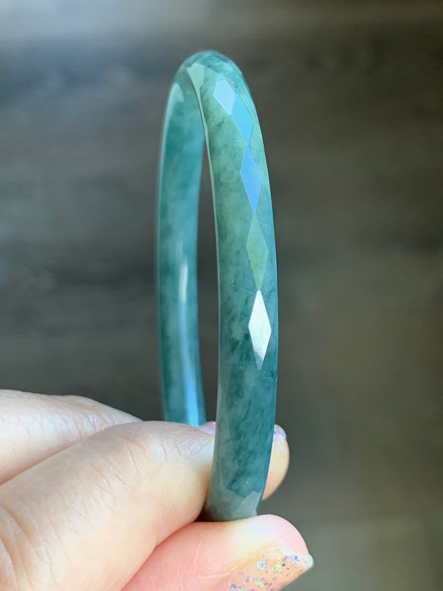 Certified Natural Guatemalan Icy Translucent Dusty Teal Blue Jadeite Diamond Faceted Bangle Bracelet 51.9mm 16.19 grams 天然冰危蓝翡翠细圆条切割面手镯 7103